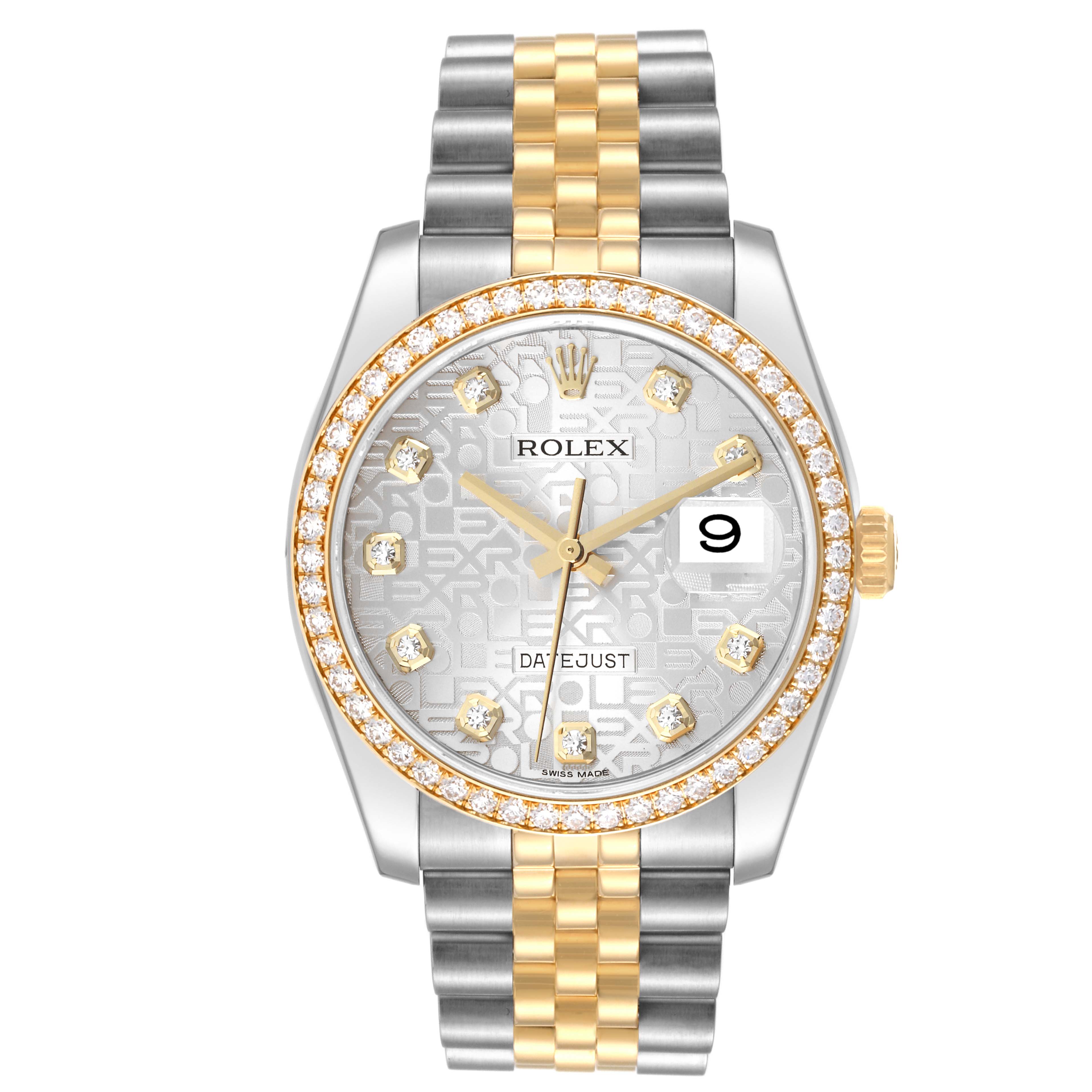 The Rolex Datejust 116243 Men's Stainless Steel Silver Dial 116243 Men's Stainless Steel Silver Dial watch is shown from the front, highlighting its two-tone metal bracelet, diamond bezel, and patterned dial.
