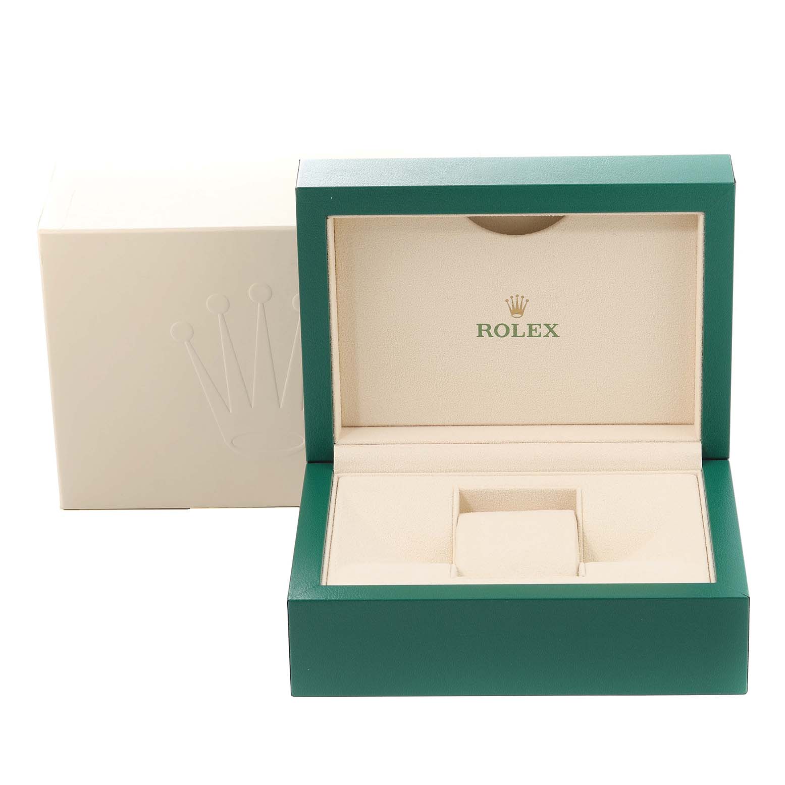 This image shows an opened Rolex Datejust 116243 Men's Stainless Steel Silver Dial 116243 Men's Stainless Steel Silver Dial watch box with a green exterior and beige interior, including a watch cushion.