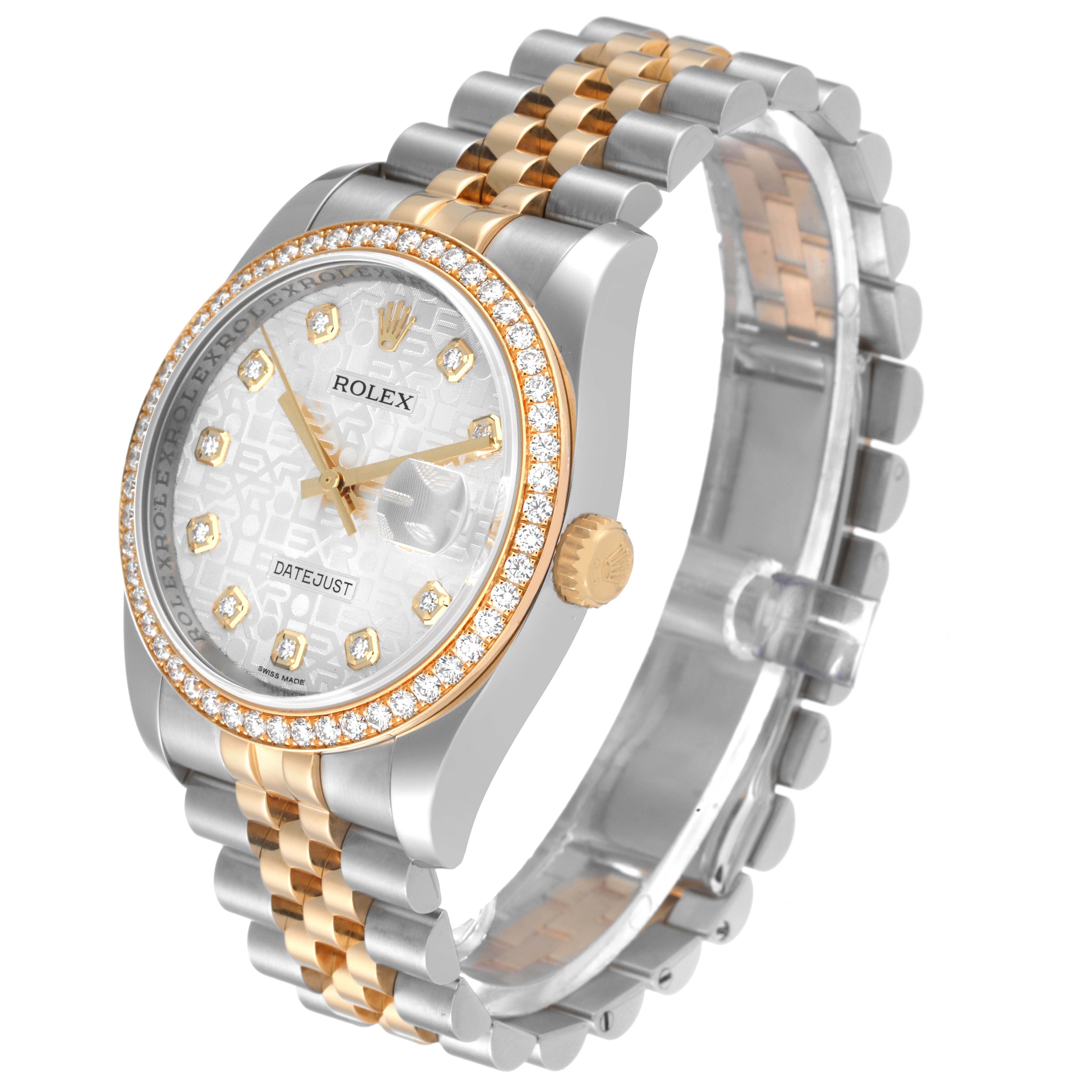 This Rolex Datejust 116243 Men's Stainless Steel Silver Dial 116243 Men's Stainless Steel Silver Dial watch is shown at a slight angle, displaying the face, bezel, crown, and two-tone bracelet.