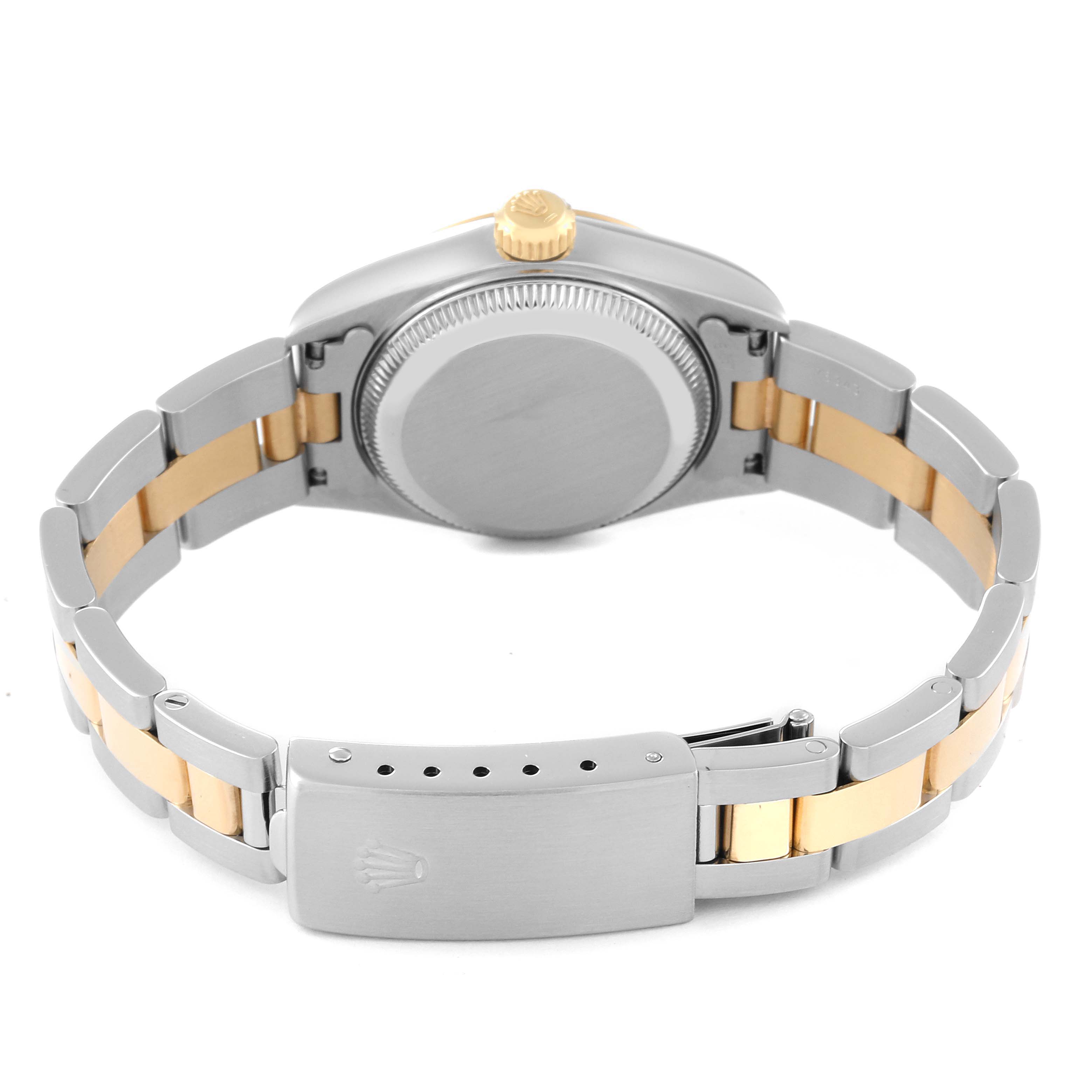 This image shows the back angle of the Rolex Datejust 69163 Women's Steel and Gold (two tone) Silver Dial 69163 Women's Steel and Gold (two tone) Silver Dial watch, displaying the case back, crown, and two-tone bracelet.