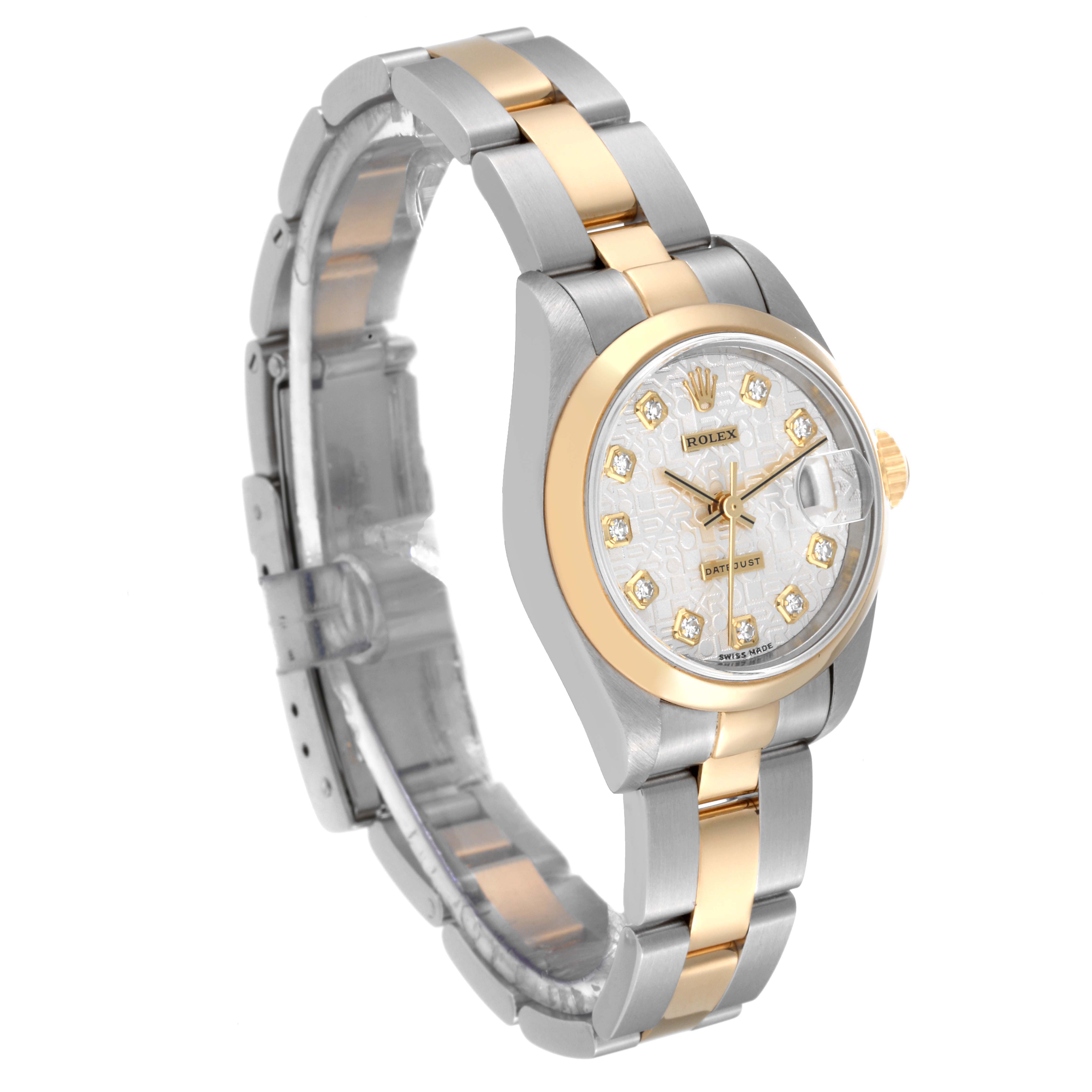 The image shows a Rolex Datejust 69163 Women's Steel and Gold (two tone) Silver Dial 69163 Women's Steel and Gold (two tone) Silver Dial watch angled from the side, highlighting its two-tone bracelet, dial, and crown.