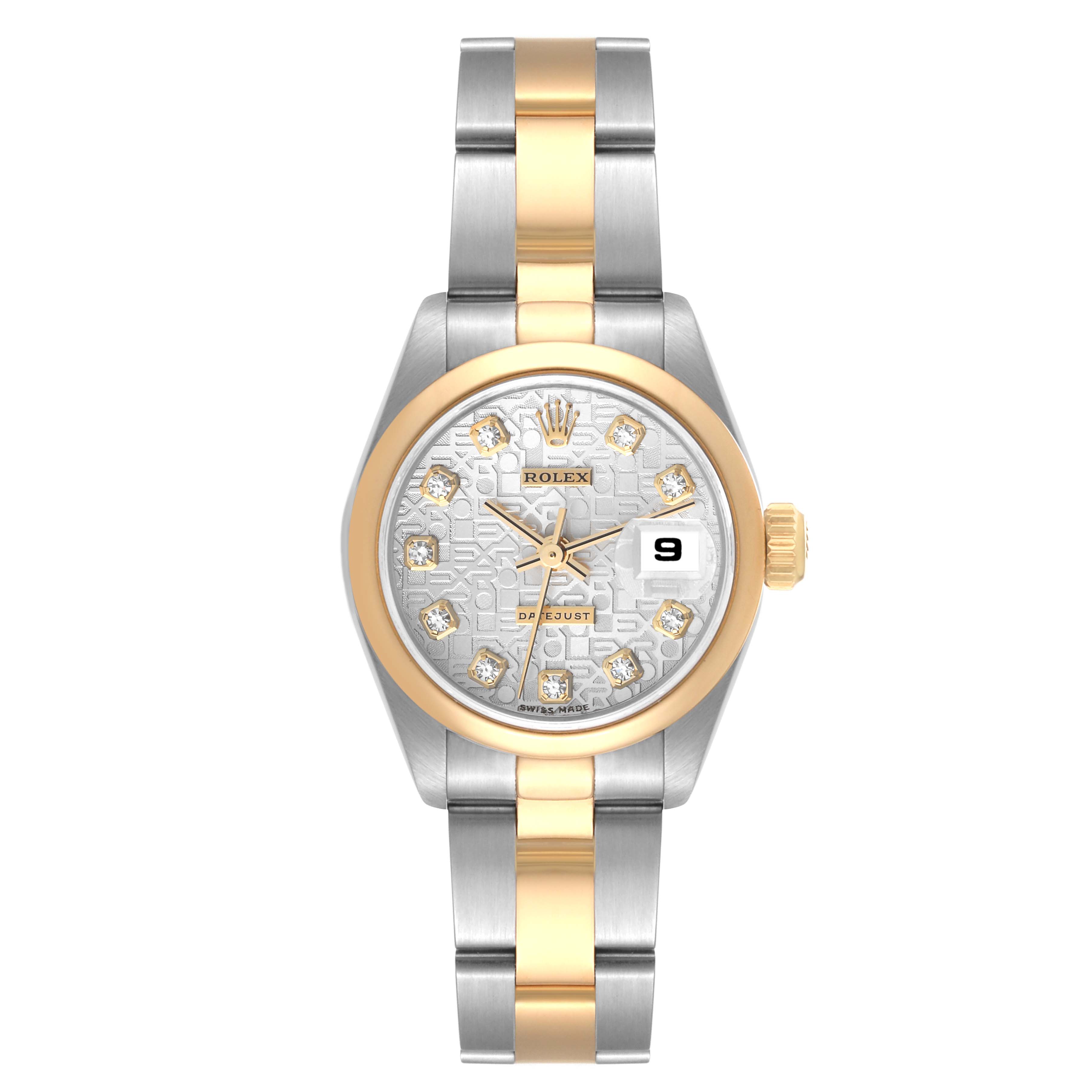 The image shows a Rolex Datejust 69163 Women's Steel and Gold (two tone) Silver Dial 69163 Women's Steel and Gold (two tone) Silver Dial watch from a top-down angle, highlighting its face, bezel, and bracelet.