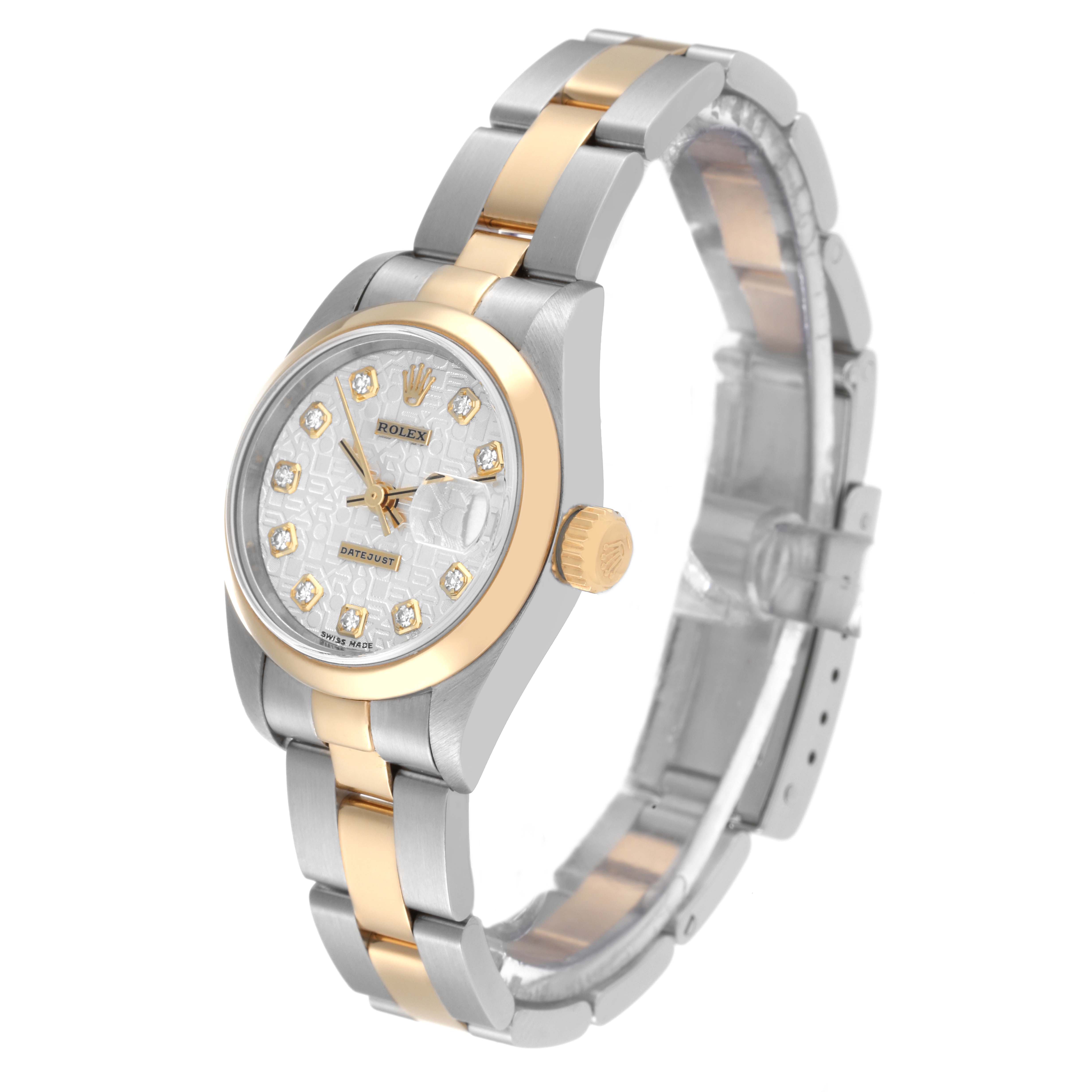 The image shows a Rolex Datejust 69163 Women's Steel and Gold (two tone) Silver Dial 69163 Women's Steel and Gold (two tone) Silver Dial watch at a three-quarter angle, highlighting its face, bezel, bracelet, and crown.
