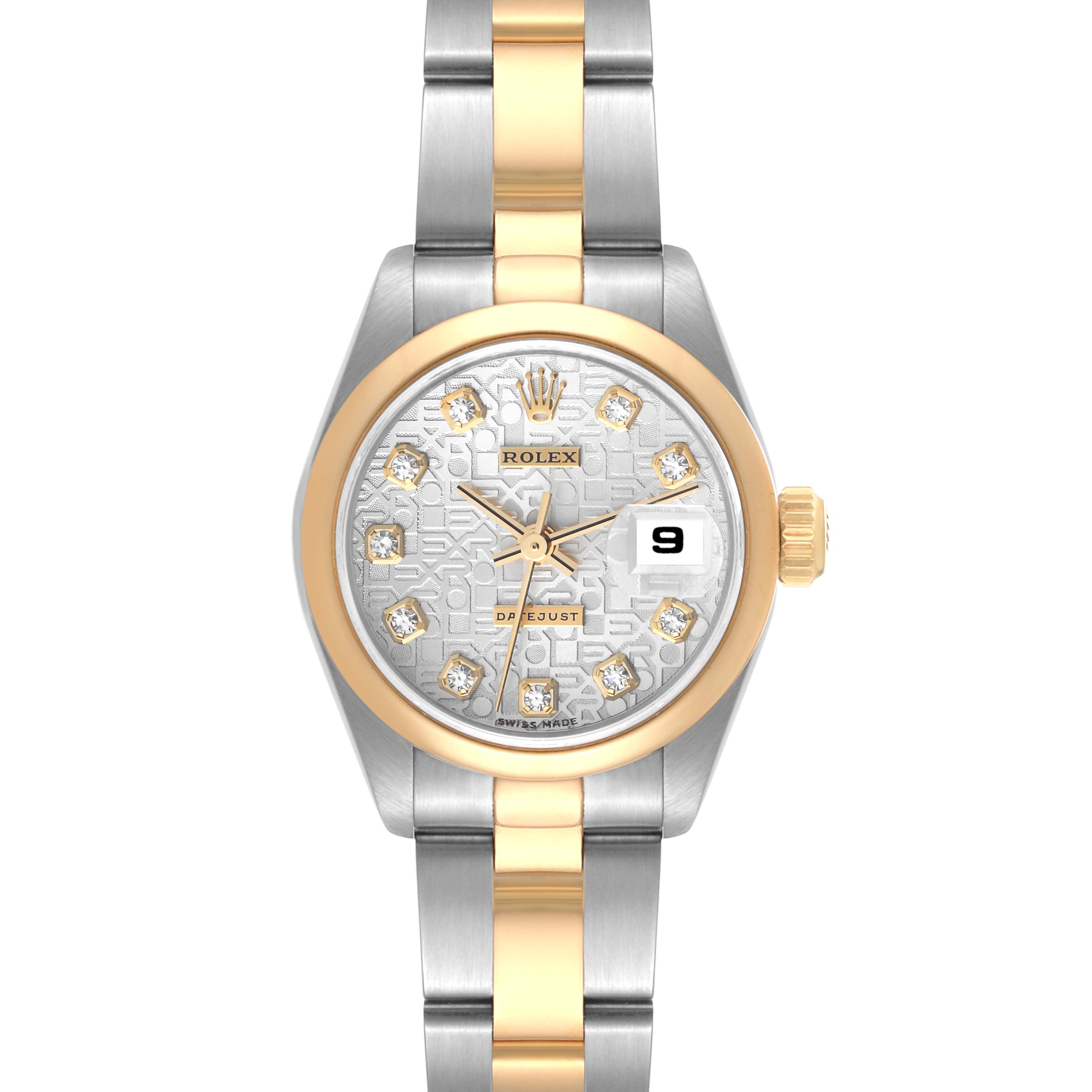This image shows a Rolex Datejust 69163 Women's Steel and Gold (two tone) Silver Dial 69163 Women's Steel and Gold (two tone) Silver Dial watch from a direct frontal angle, highlighting its face, bezel, and two-tone bracelet.