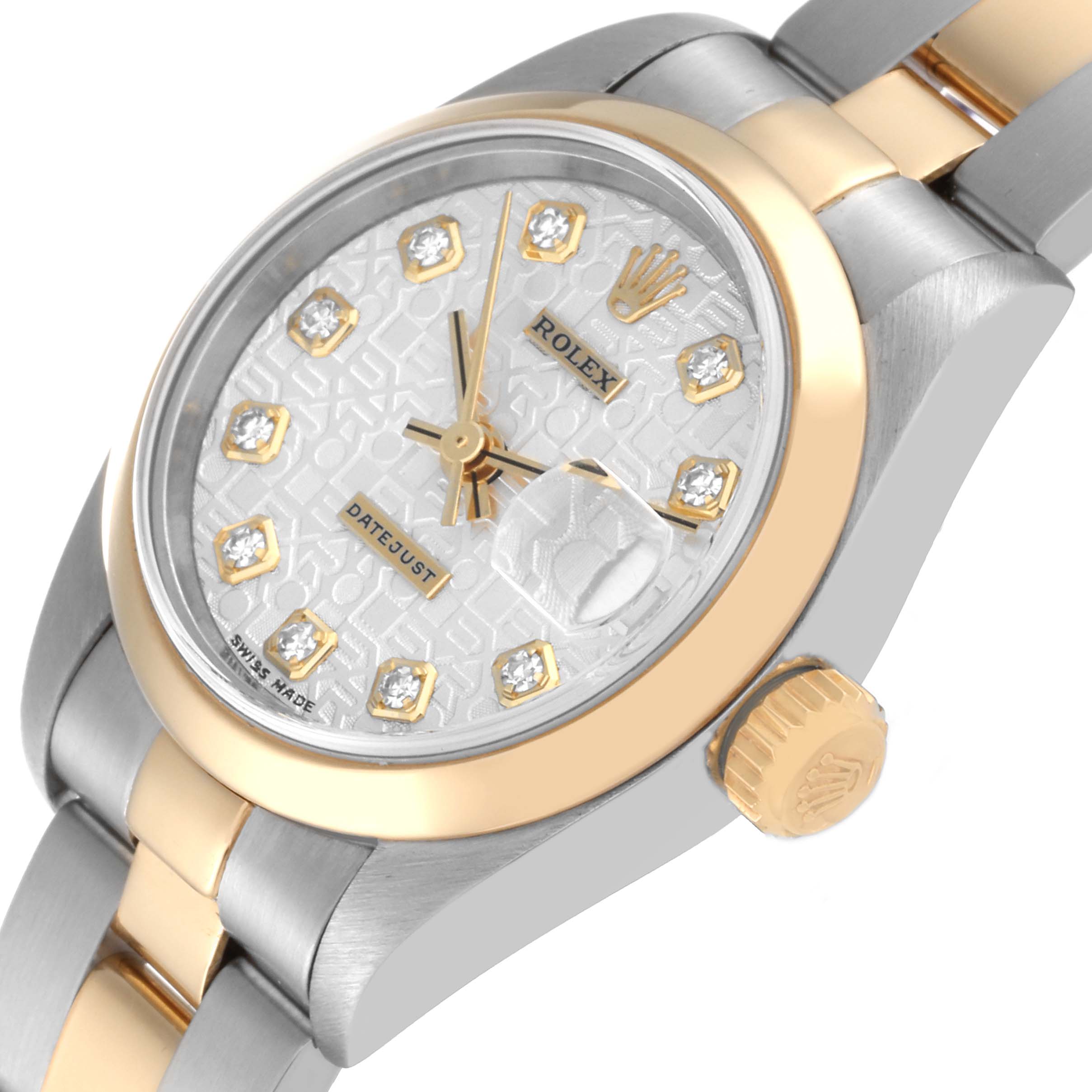 This image shows a partial angled view of a Rolex Datejust 69163 Women's Steel and Gold (two tone) Silver Dial 69163 Women's Steel and Gold (two tone) Silver Dial watch, highlighting the dial, bezel, crown, and part of the bracelet.