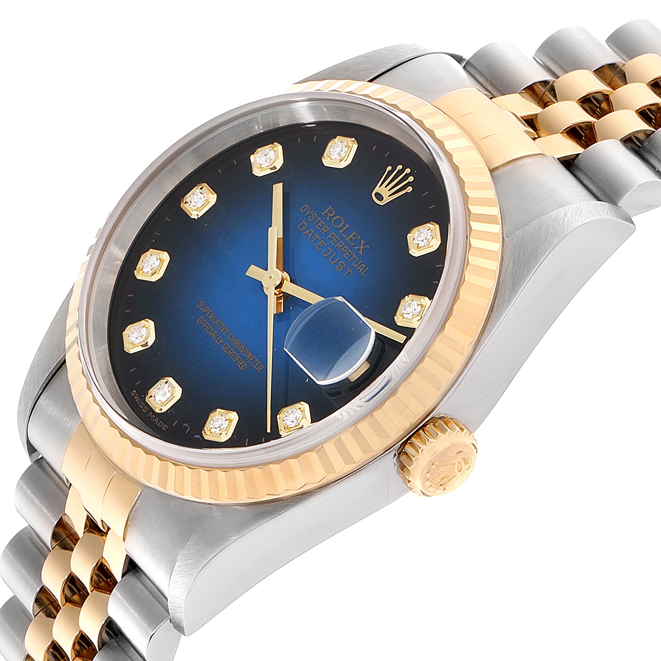 This image shows a Rolex Datejust 16233 Men's Steel and Gold (two tone) Blue Dial 16233 Men's Steel and Gold (two tone) Blue Dial watch from an angled perspective, highlighting its face, bezel, and part of the bracelet.