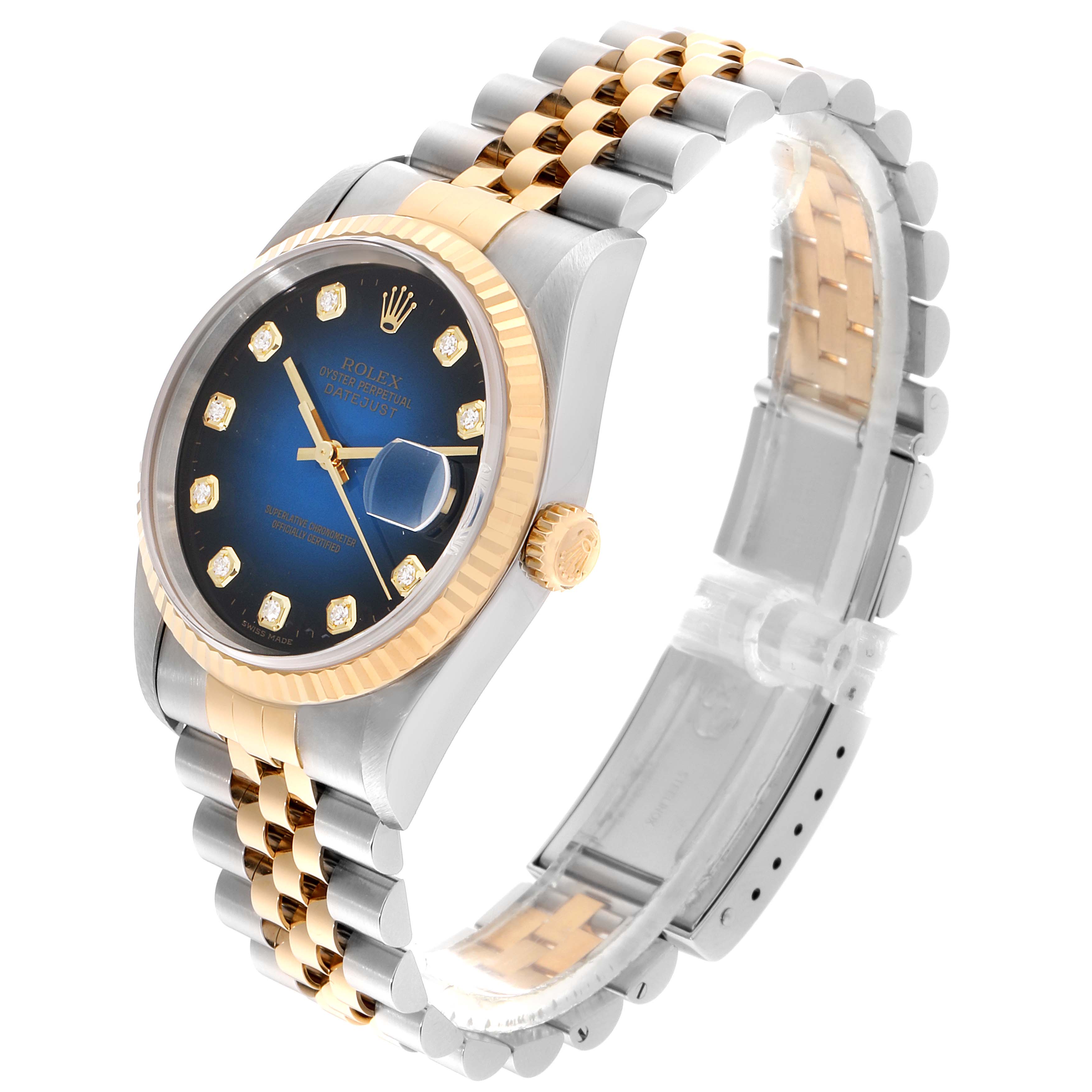 The image shows a side view of the Rolex Datejust 16233 Men's Steel and Gold (two tone) Blue Dial 16233 Men's Steel and Gold (two tone) Blue Dial watch, highlighting its dial, bezel, case, crown, and bracelet.