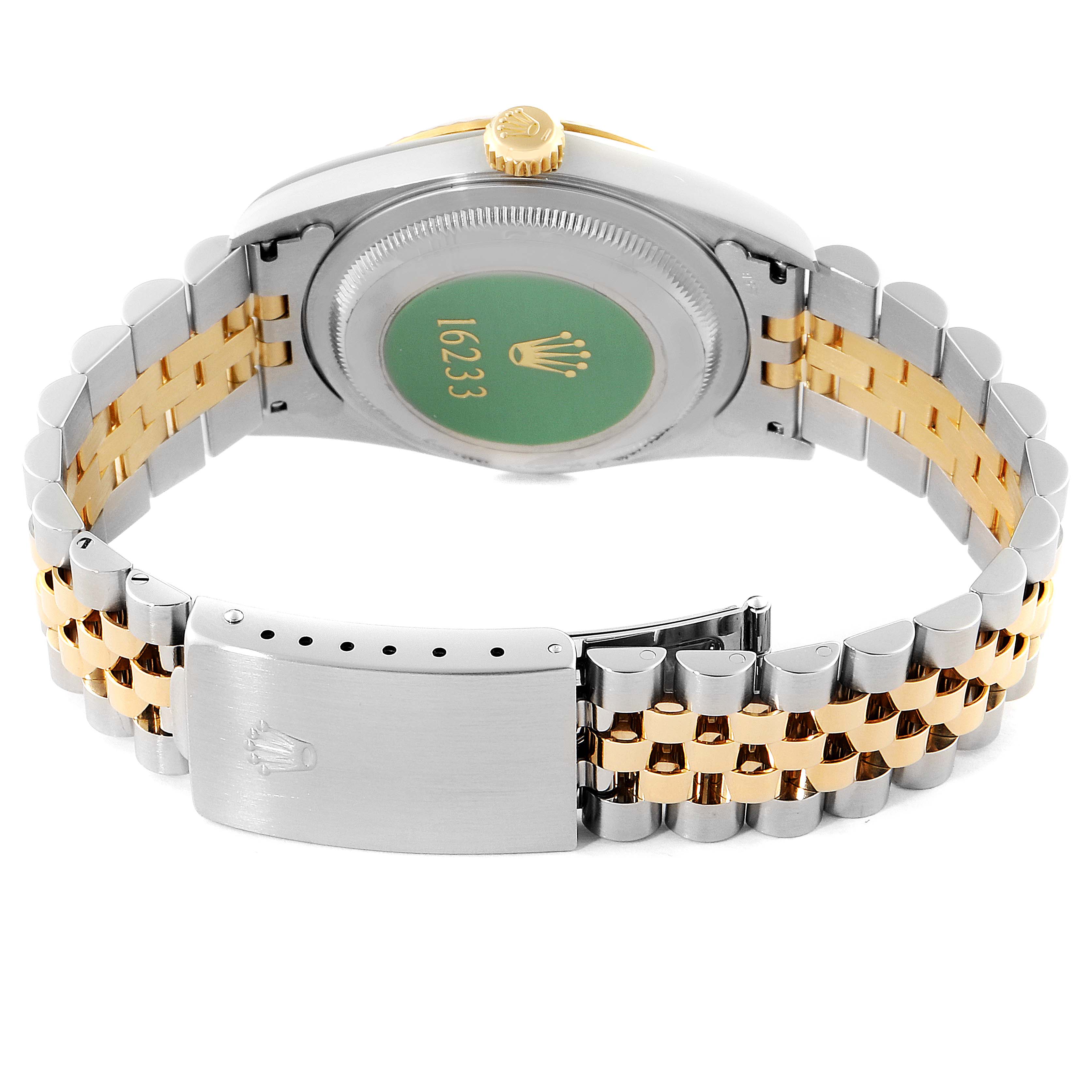 This image shows the back view of the Rolex Datejust 16233 Men's Steel and Gold (two tone) Blue Dial 16233 Men's Steel and Gold (two tone) Blue Dial model, highlighting the bracelet and case back.