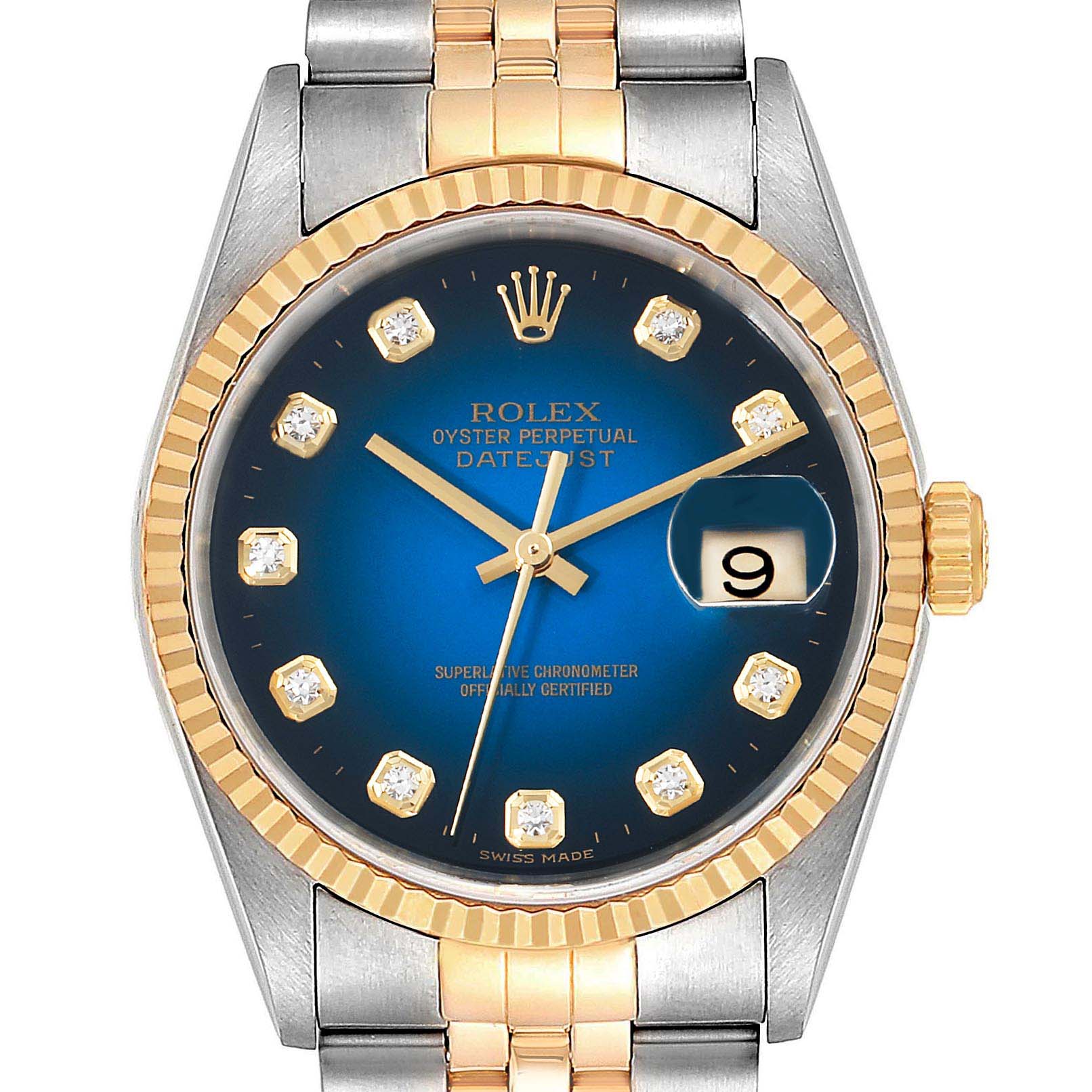 The image shows a front view of a Rolex Datejust 16233 Men's Steel and Gold (two tone) Blue Dial 16233 Men's Steel and Gold (two tone) Blue Dial watch, highlighting its blue dial, gold and diamond hour markers, date window, and two-tone bracelet.