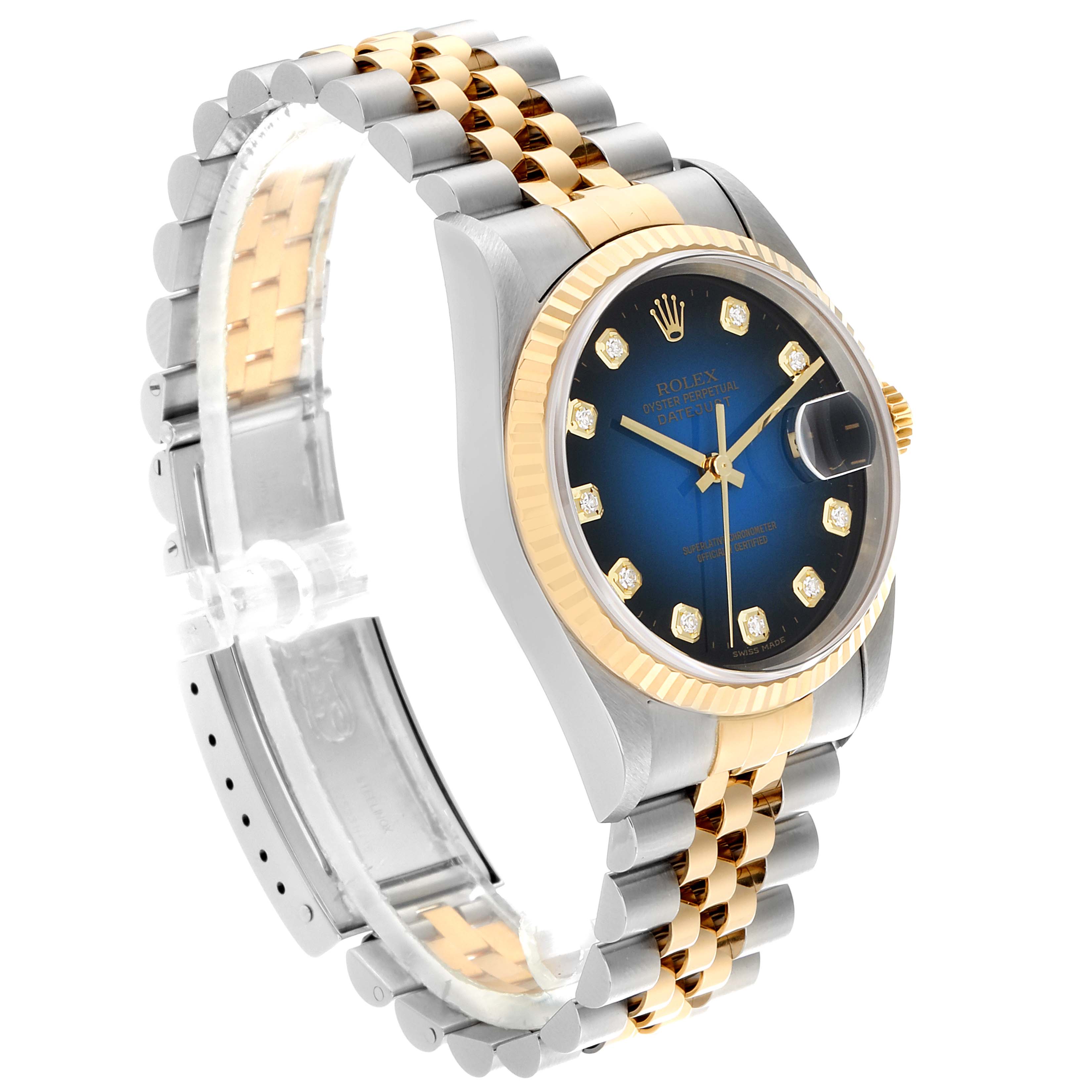 The image shows a Rolex Datejust 16233 Men's Steel and Gold (two tone) Blue Dial 16233 Men's Steel and Gold (two tone) Blue Dial watch at a three-quarter angle, highlighting its bracelet, case, bezel, and dial.