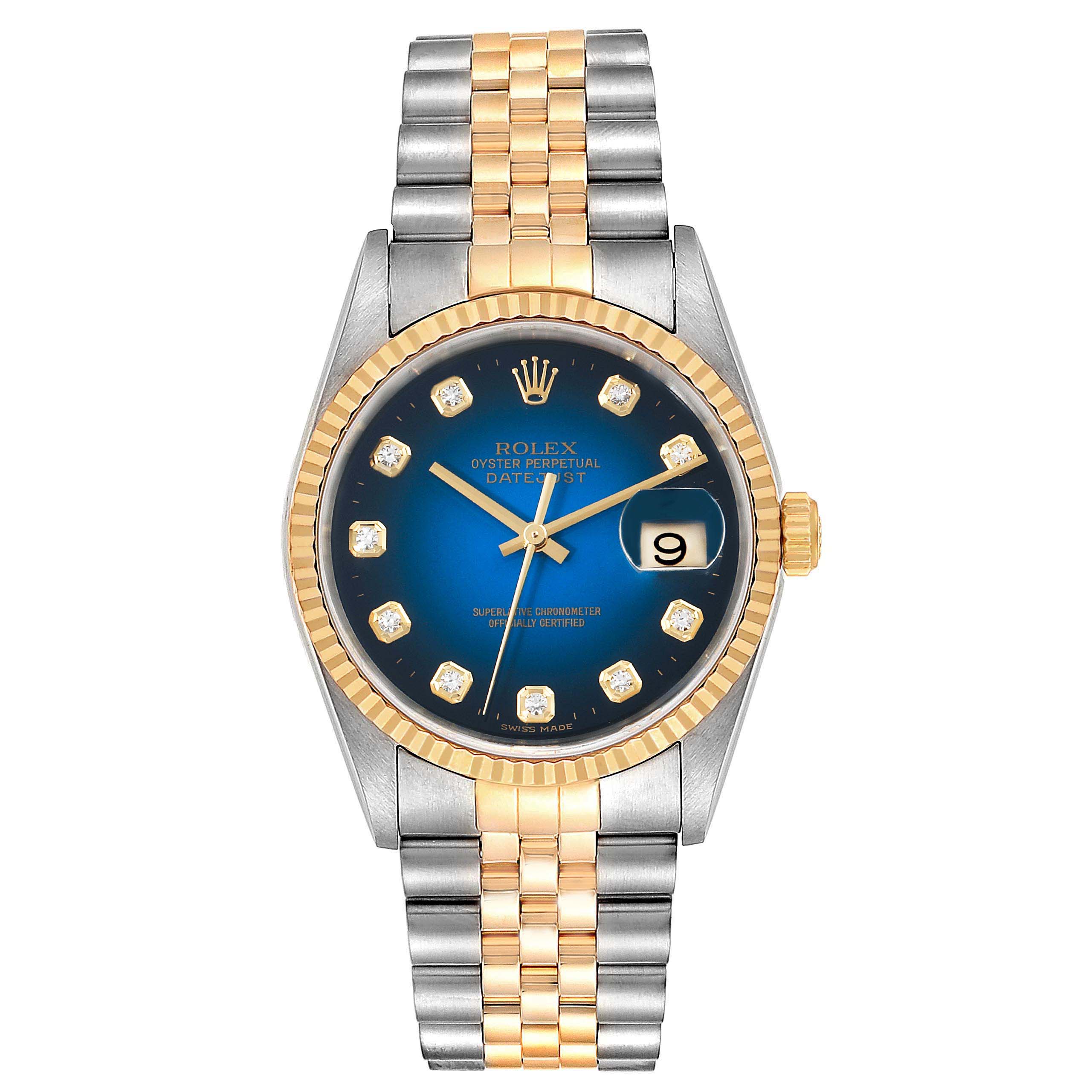 This image shows a front view of a Rolex Datejust 16233 Men's Steel and Gold (two tone) Blue Dial 16233 Men's Steel and Gold (two tone) Blue Dial watch, displaying its blue dial, diamond hour markers, and two-tone metal bracelet.