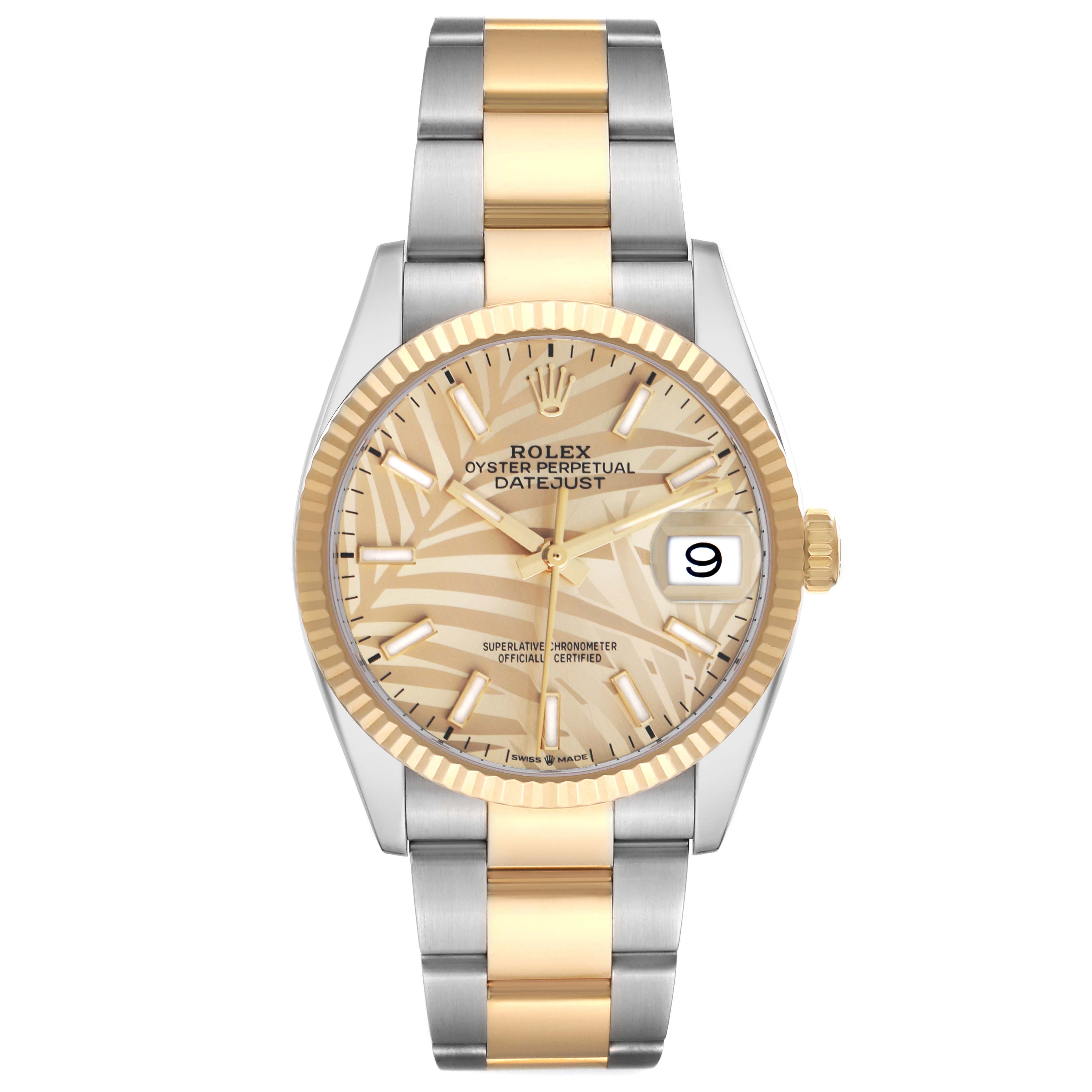The Rolex Datejust 126233 Men's Steel and Gold (two tone) Champagne Dial watch is shown from the front, displaying the dial, bezel, and bracelet.