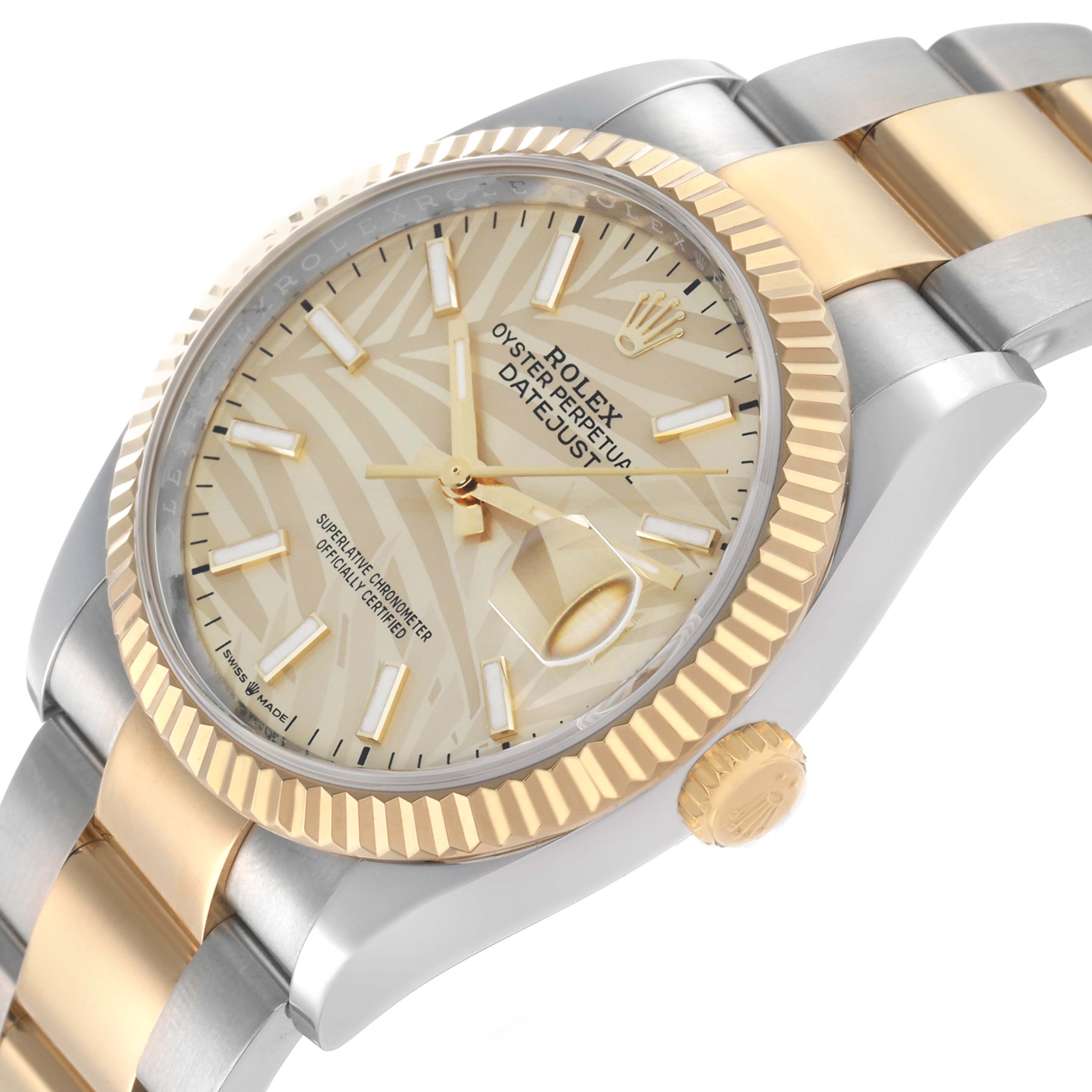 The Rolex Datejust 126233 Men's Steel and Gold (two tone) Champagne Dial watch is shown at an angled view, highlighting the dial, bezel, crown, and part of the bracelet.