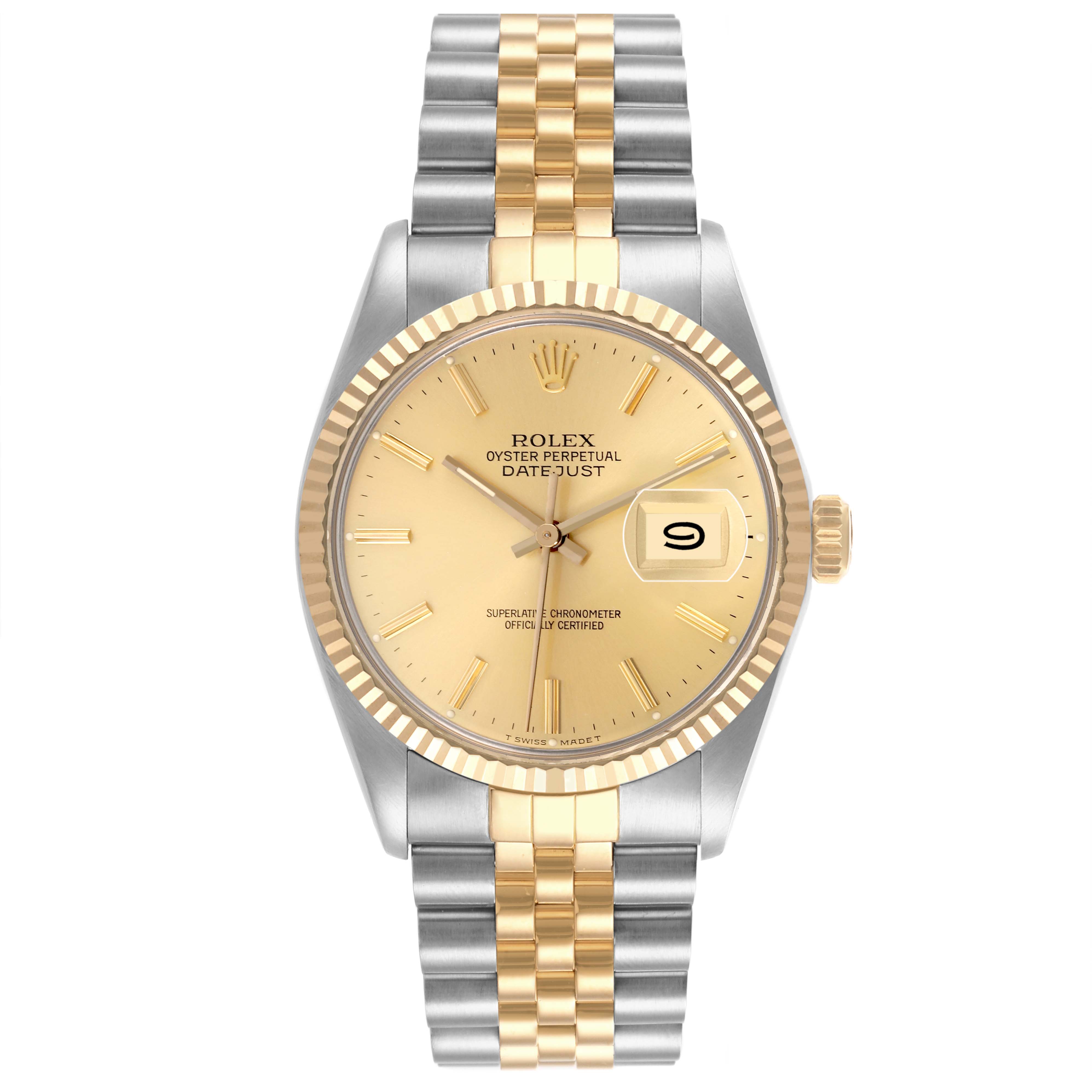 The Rolex Vintage Collection 16013 Men's Steel and Gold (two tone) Champagne Dial 16013 Men's Steel and Gold (two tone) Champagne Dial watch is shown from the front, displaying its dial, bezel, and two-tone bracelet.