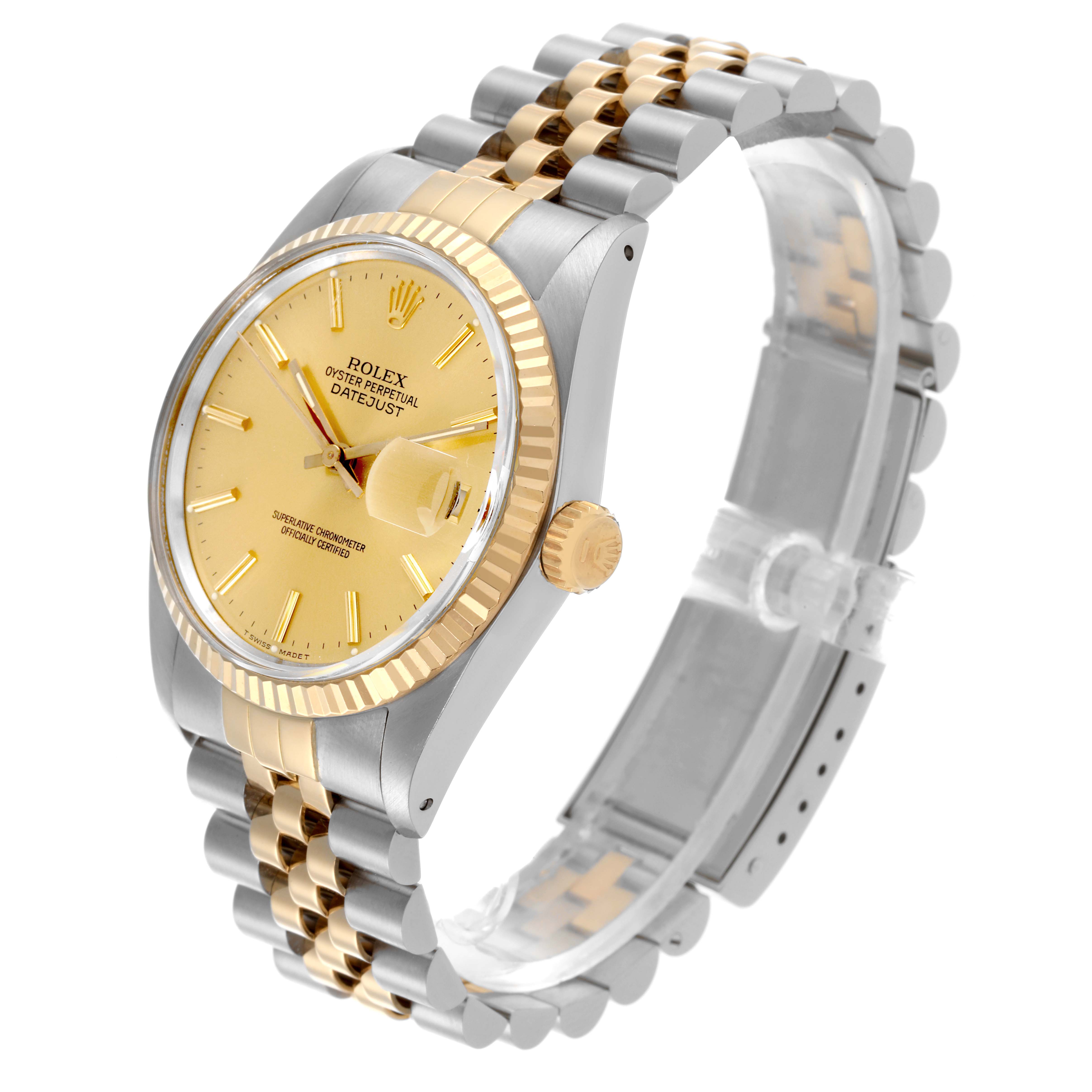 The Rolex Vintage Collection 16013 Men's Steel and Gold (two tone) Champagne Dial 16013 Men's Steel and Gold (two tone) Champagne Dial model watch is shown at a three-quarter angle, highlighting its gold-tone bezel, dial, bracelet, and crown.