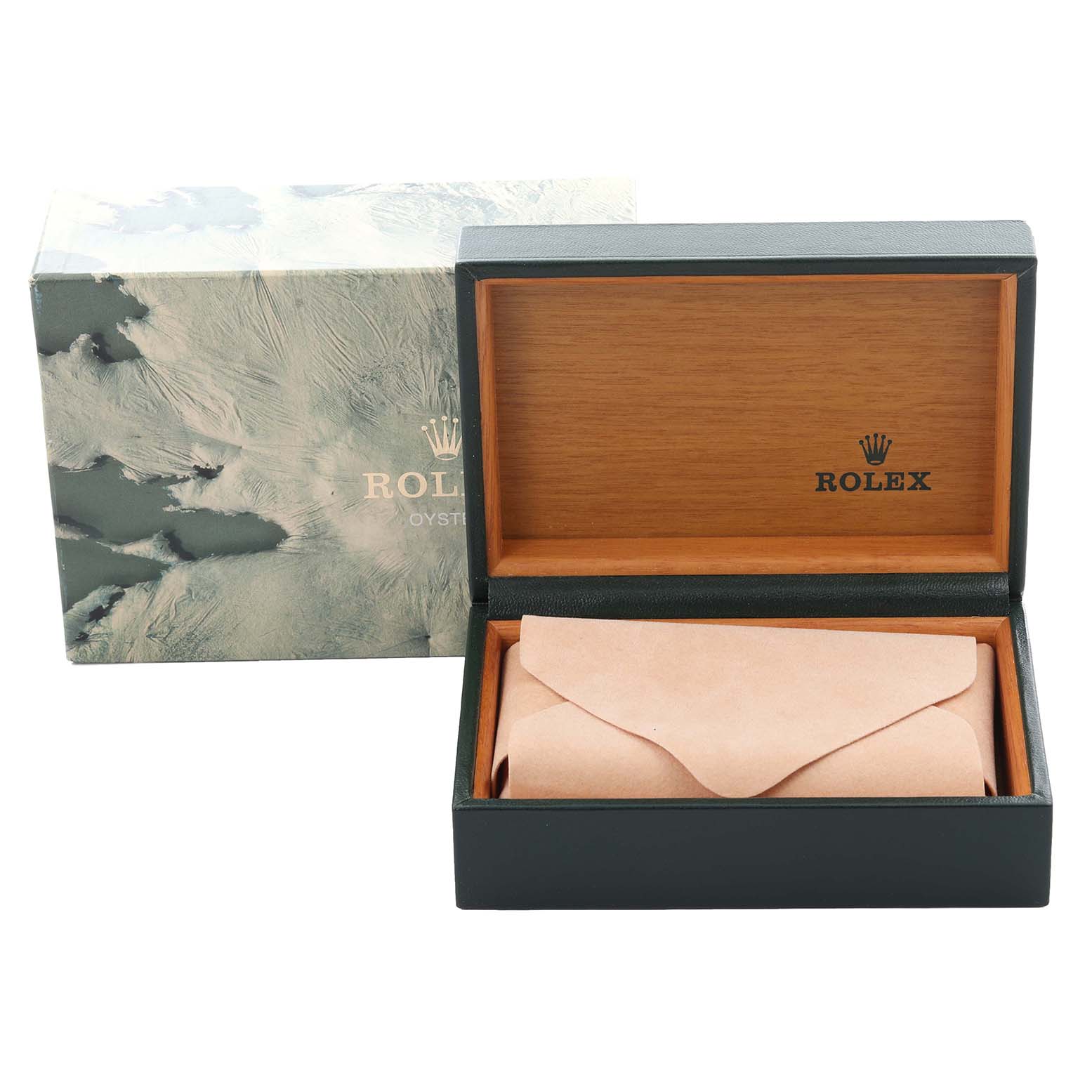 The image shows an open Rolex Vintage Collection 16013 Men's Steel and Gold (two tone) Champagne Dial 16013 Men's Steel and Gold (two tone) Champagne Dial box with a pouch inside and the outer box beside it.