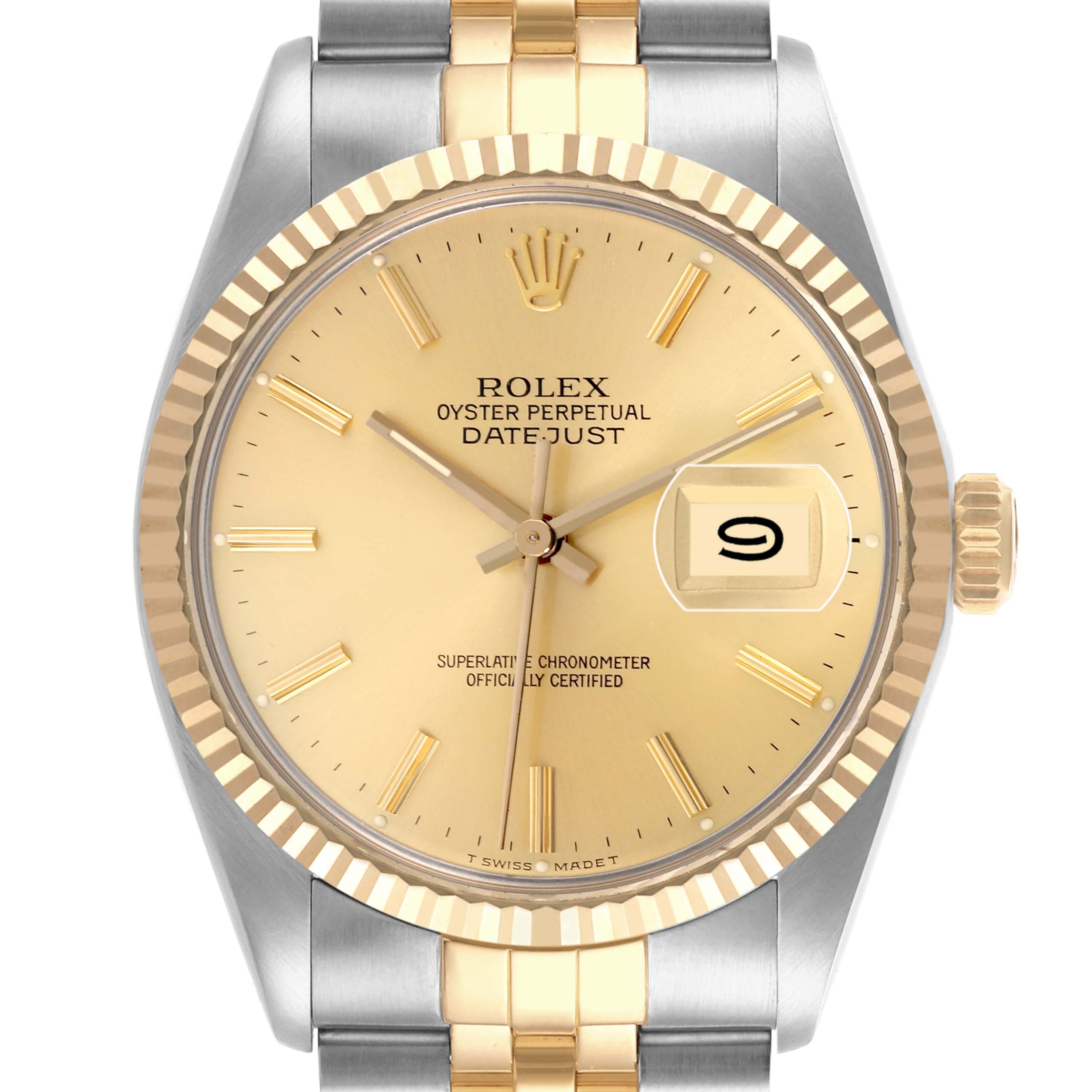The Rolex Vintage Collection 16013 Men's Steel and Gold (two tone) Champagne Dial 16013 Men's Steel and Gold (two tone) Champagne Dial model is shown from a front angle, highlighting the face, bezel, and part of the bracelet.