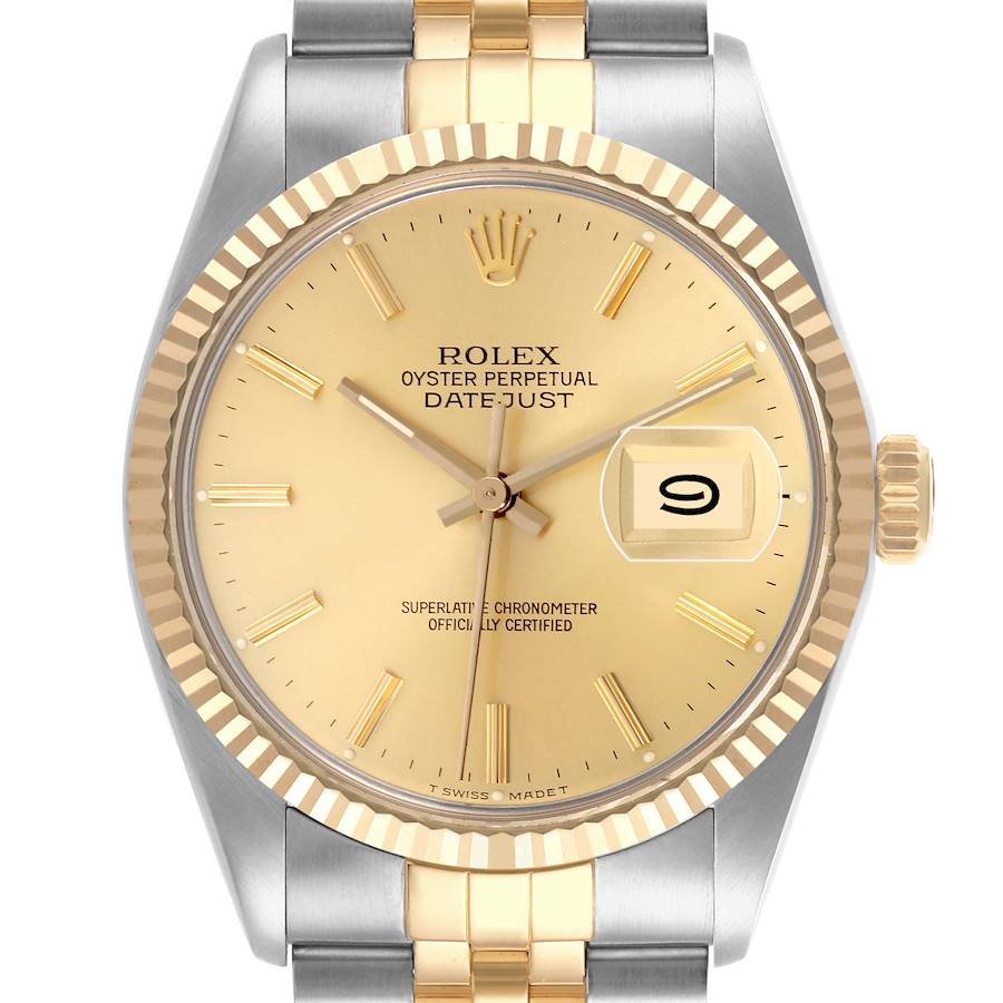 The Rolex Vintage Collection model is shown from a front angle, highlighting the face, bezel, and part of the bracelet.