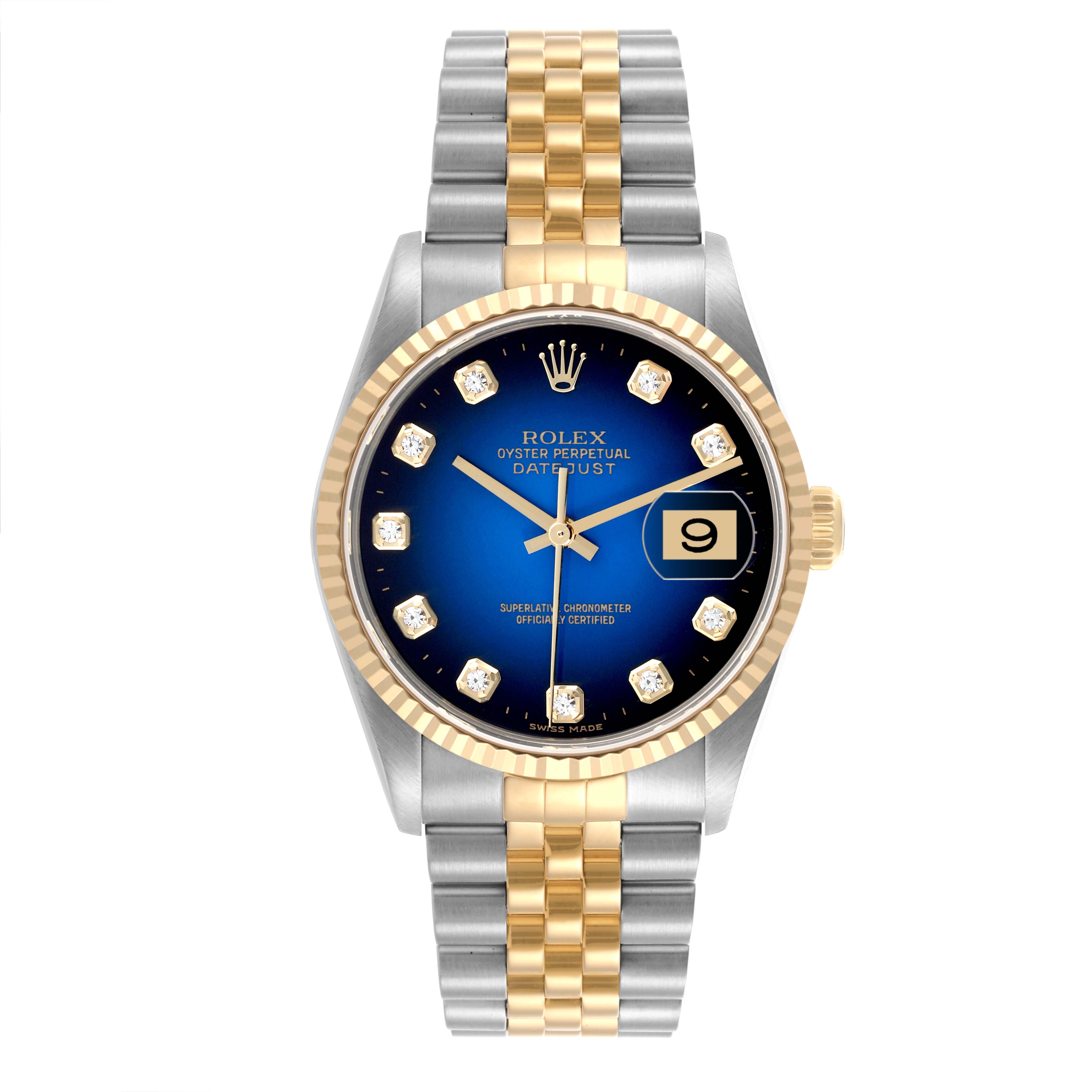 The Rolex Datejust 16233 Men's Steel and Gold (two tone) Blue Dial 16233 Men's Steel and Gold (two tone) Blue Dial watch is shown from the front, highlighting the dial, bi-metal bracelet, and gold fluted bezel.