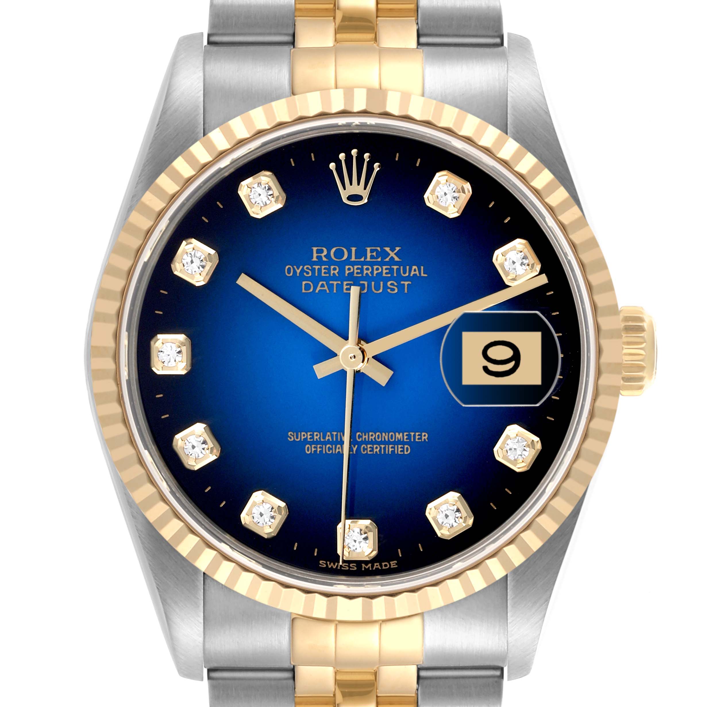 The Rolex Datejust 16233 Men's Steel and Gold (two tone) Blue Dial 16233 Men's Steel and Gold (two tone) Blue Dial is shown from the front, highlighting its dial, bezel, and part of the bracelet.