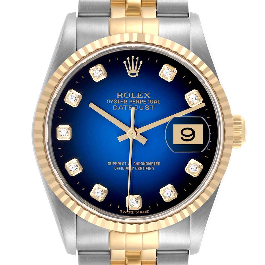 The Rolex Datejust is shown from the front, highlighting its dial, bezel, and part of the bracelet.