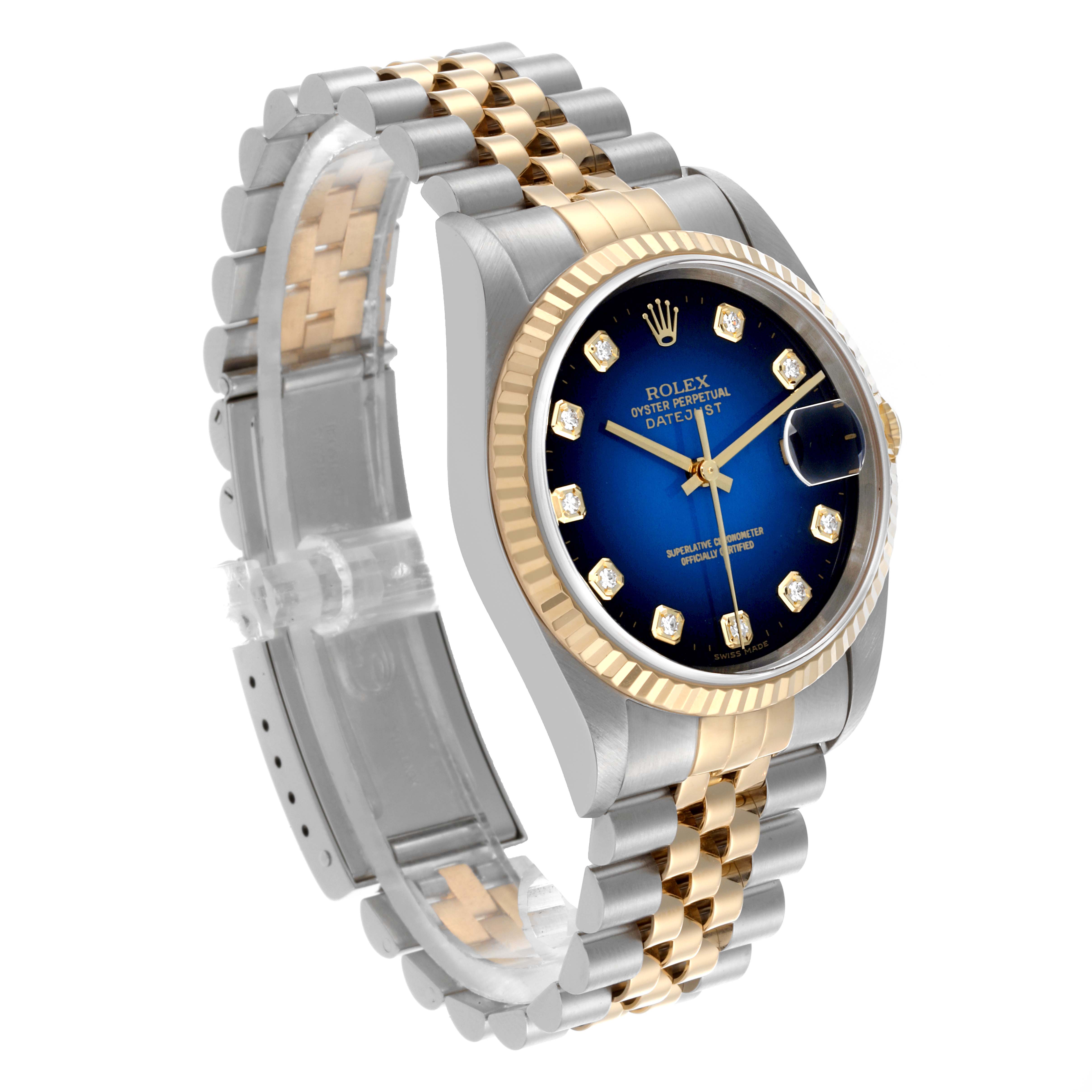 The Rolex Datejust 16233 Men's Steel and Gold (two tone) Blue Dial 16233 Men's Steel and Gold (two tone) Blue Dial watch is shown at a three-quarter angle, displaying the face, bezel, and bracelet.