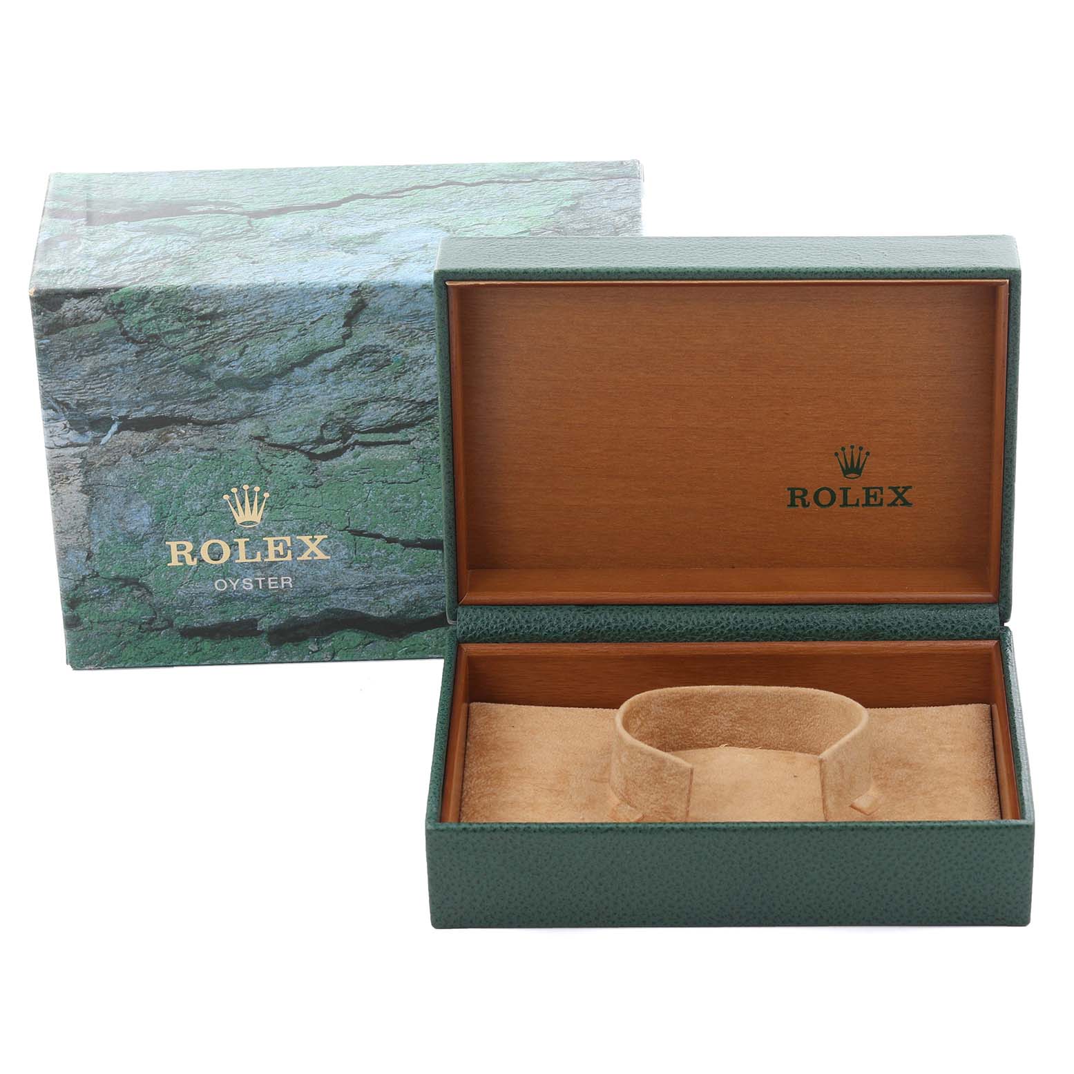 The image shows a Rolex Datejust 16233 Men's Steel and Gold (two tone) Blue Dial 16233 Men's Steel and Gold (two tone) Blue Dial box open from the top, displaying its interior and the outer packaging.