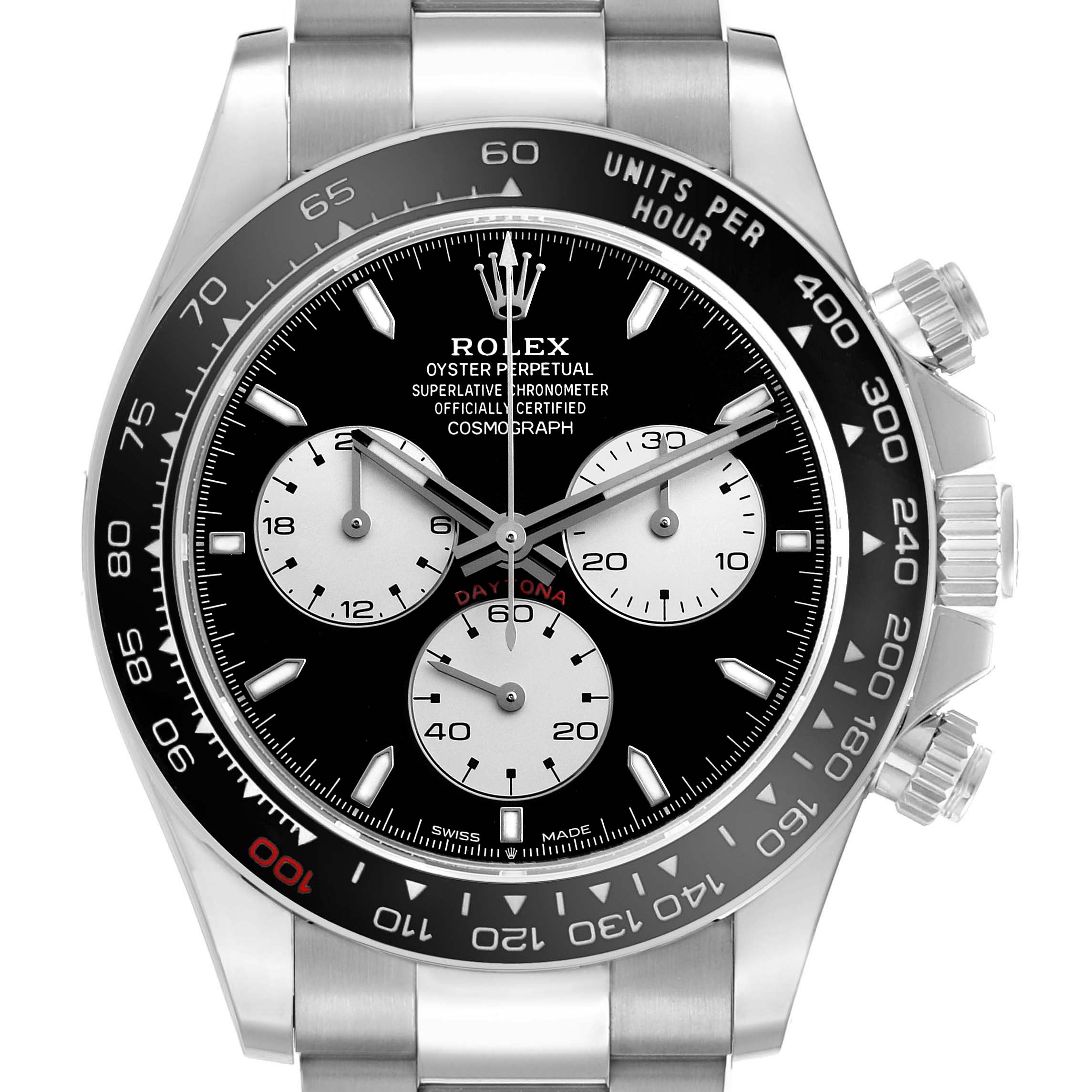 The Rolex Daytona 126529LN Men's White Gold Black Dial watch is shown from a direct front angle, displaying the dial, bezel, and pushers.