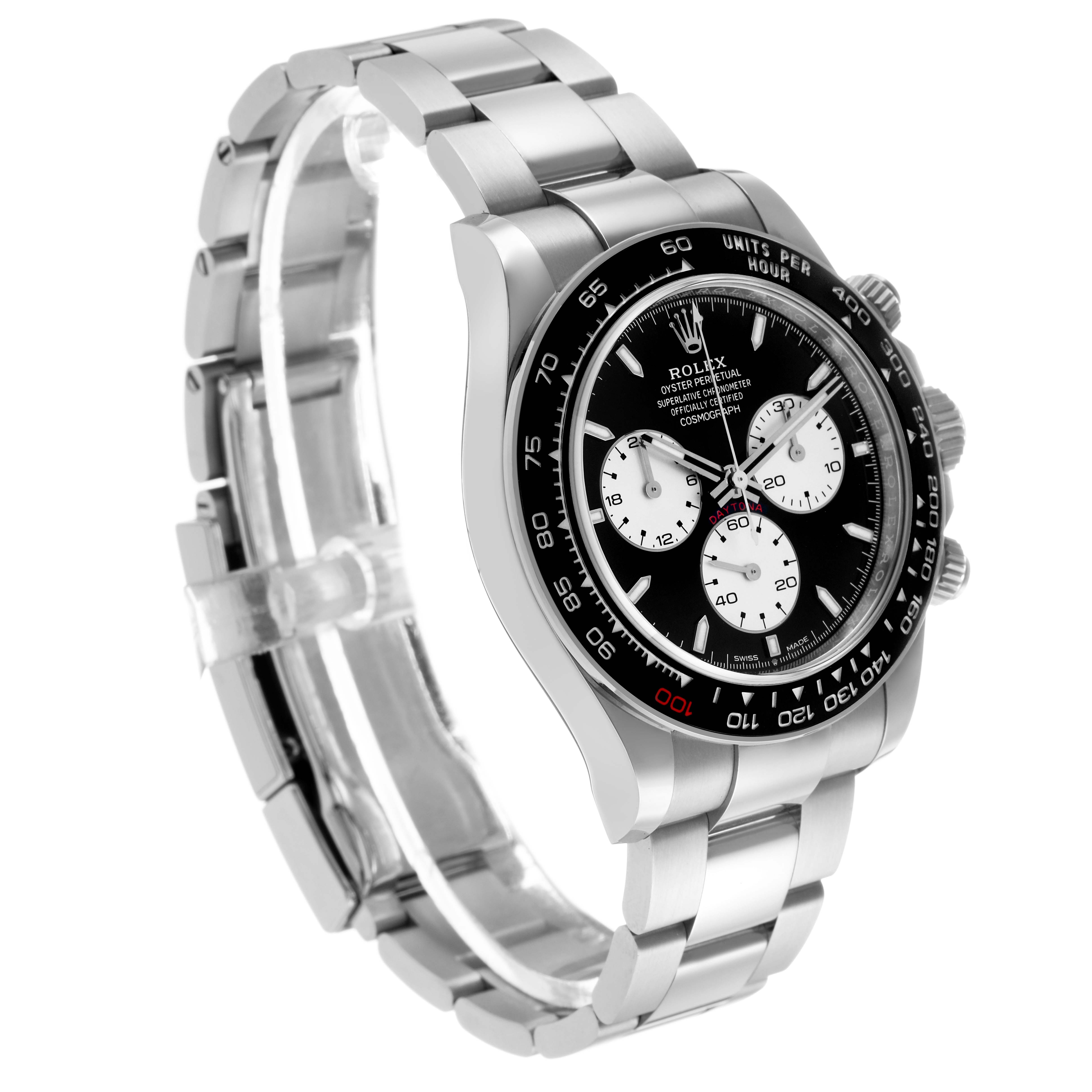 The Rolex Daytona 126529LN Men's White Gold Black Dial watch is shown at a three-quarter angle, displaying its face, bezel, and bracelet.