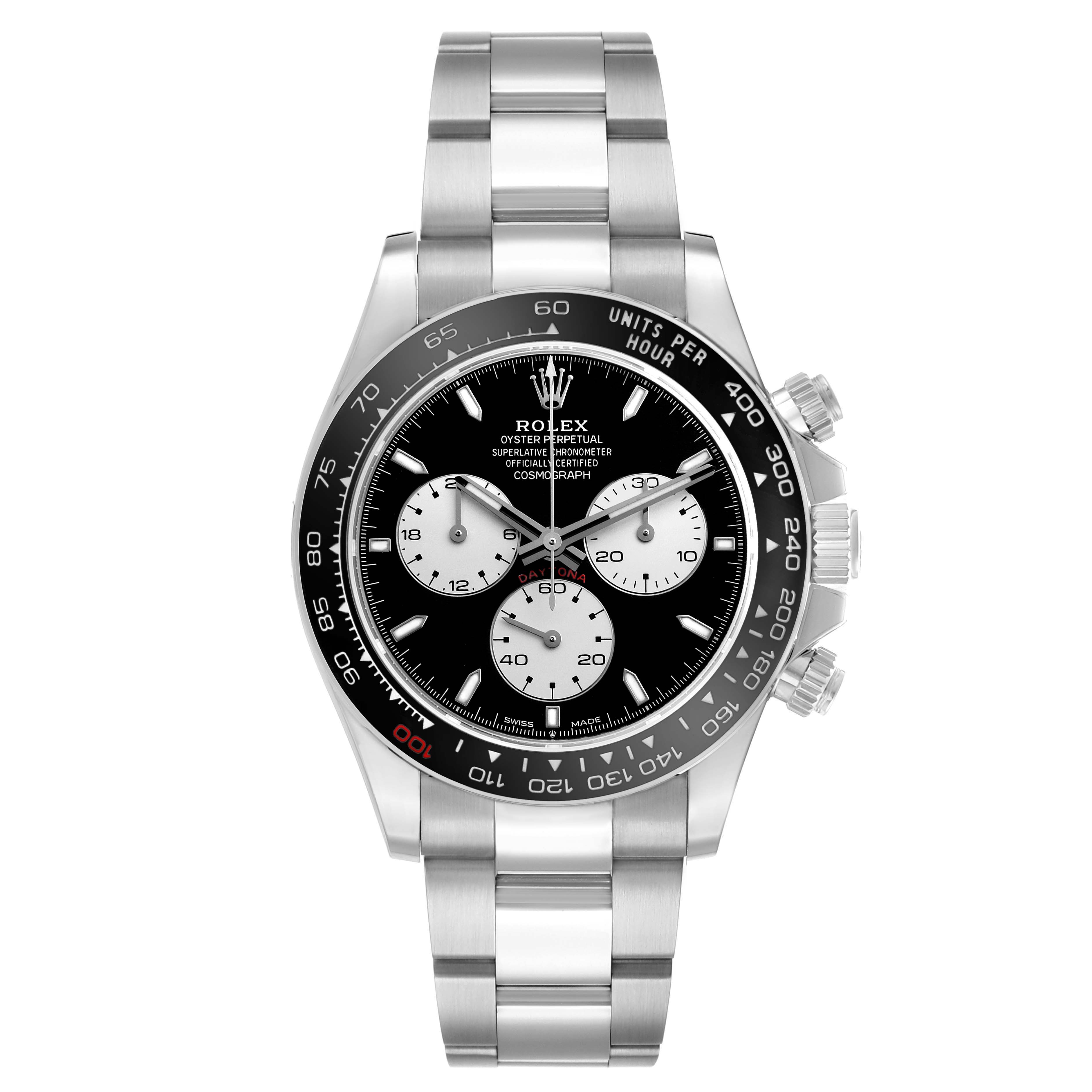 The Rolex Daytona 126529LN Men's White Gold Black Dial watch is shown from a top-down angle, displaying the face, bezel, subdials, and bracelet.