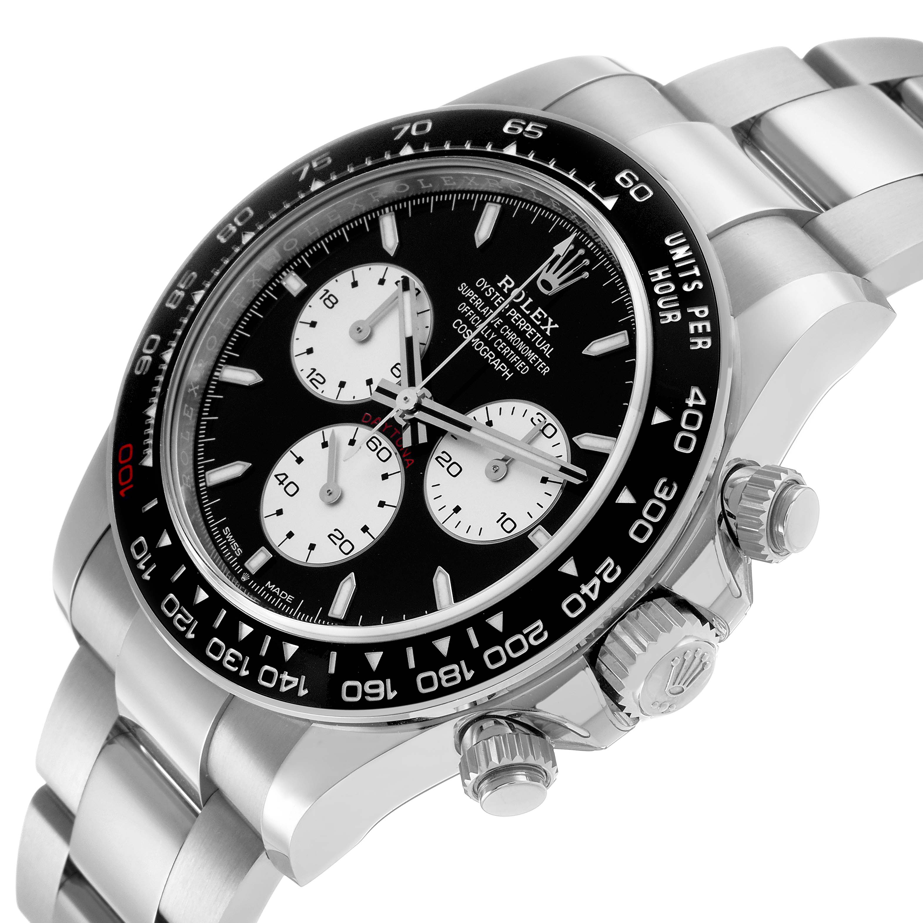 The image shows a Rolex Daytona 126529LN Men's White Gold Black Dial watch at an angle highlighting the face, bezel, pushers, and bracelet.