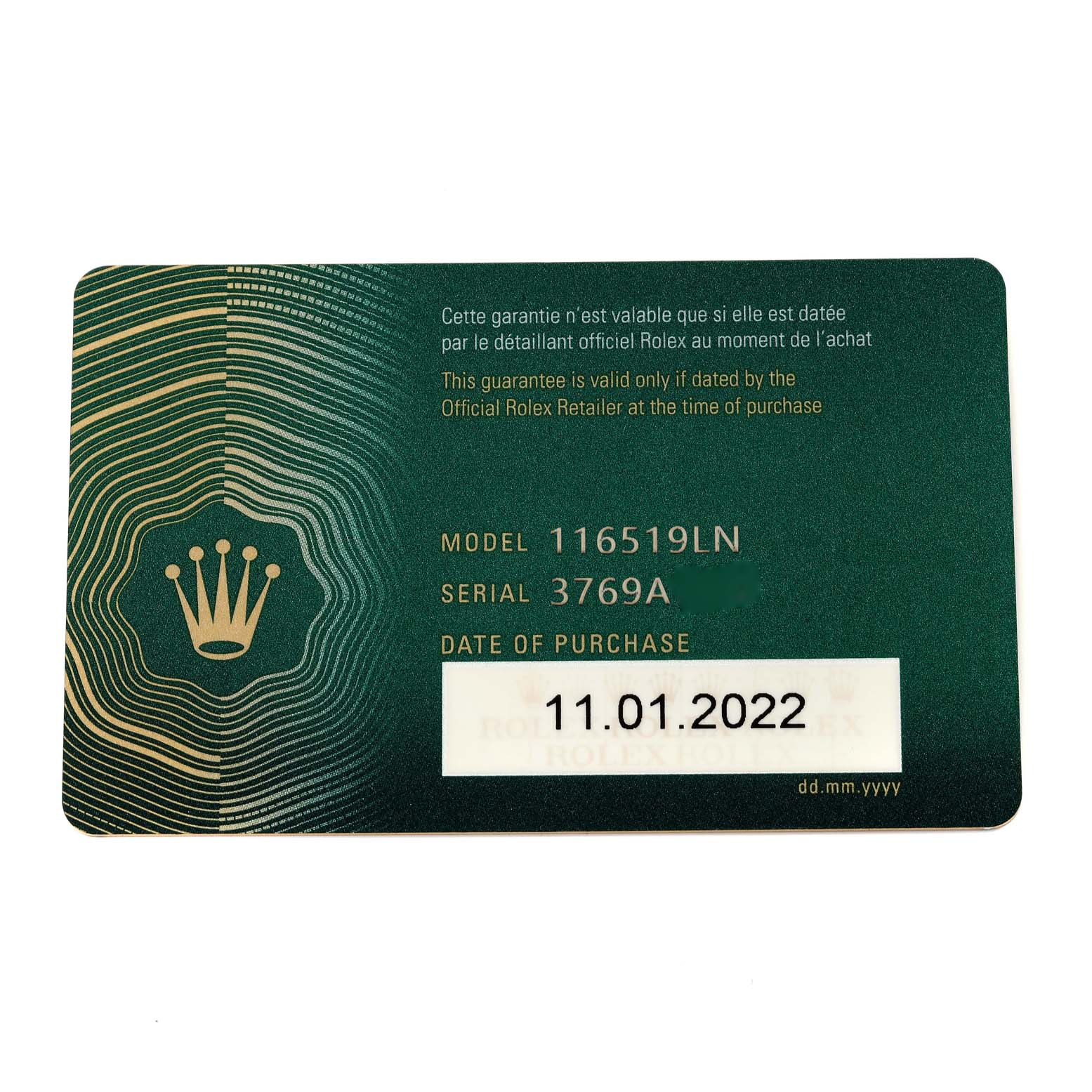 This image shows the warranty card for a Rolex Daytona 116519 Men's White Gold Grey Dial 116519 Men's White Gold Grey Dial watch, model 116519LN, with the purchase date 11.01.2022.