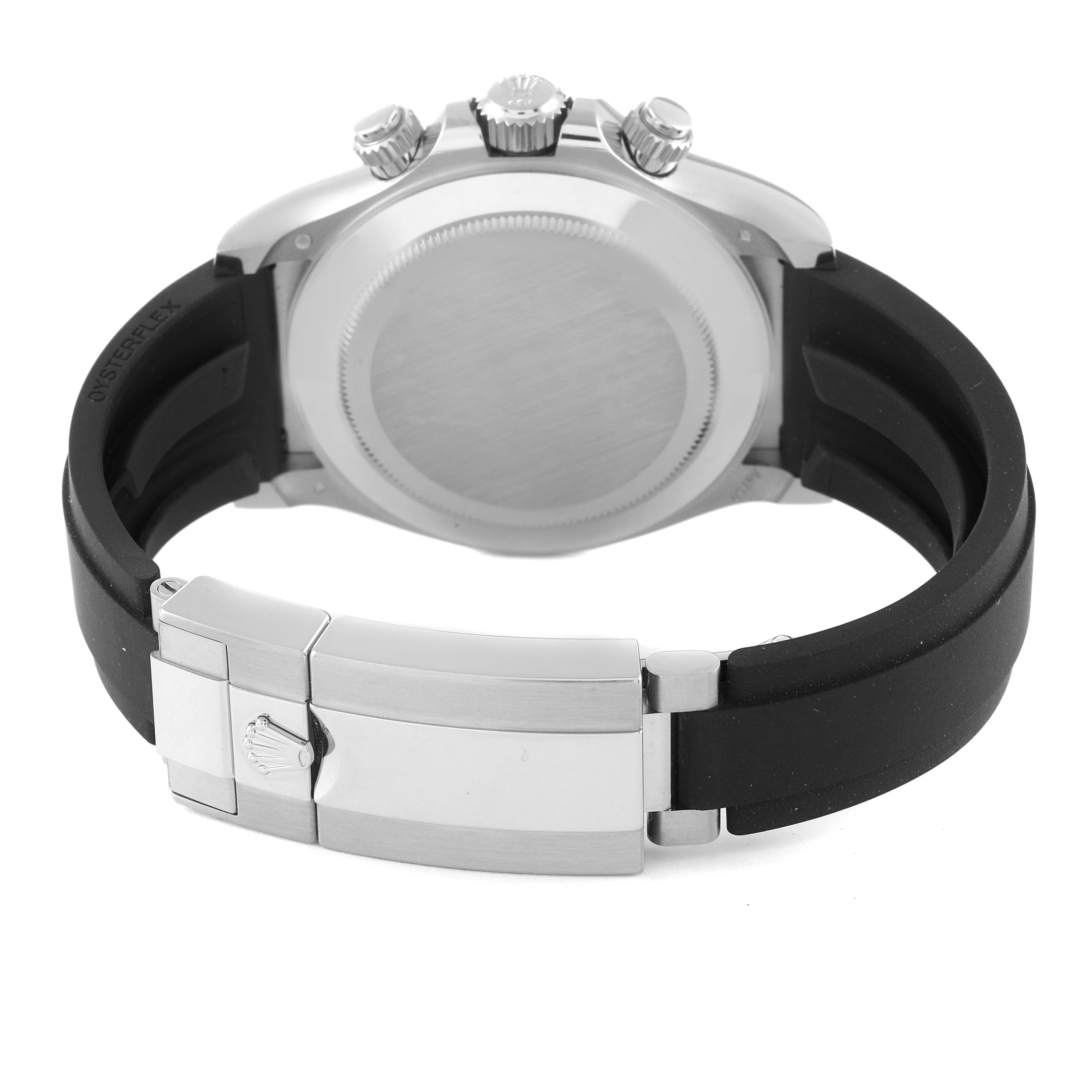 The image shows the back case and clasp of a Rolex Daytona 116519 Men's White Gold Grey Dial 116519 Men's White Gold Grey Dial watch with a black Oysterflex strap.