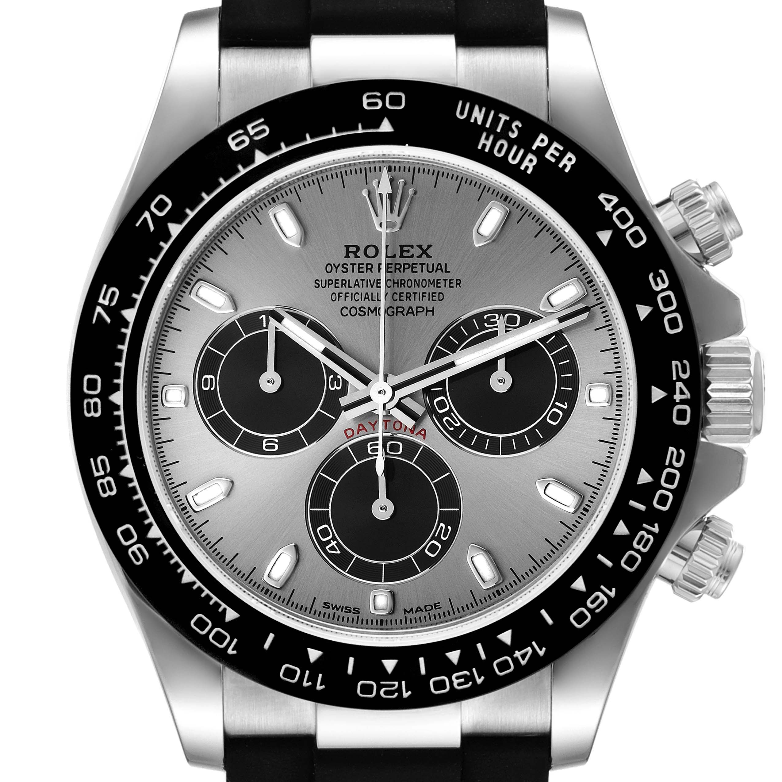 This image shows a front view of the Rolex Daytona 116519 Men's White Gold Grey Dial 116519 Men's White Gold Grey Dial watch, displaying its dial, bezel, and chronograph sub-dials.