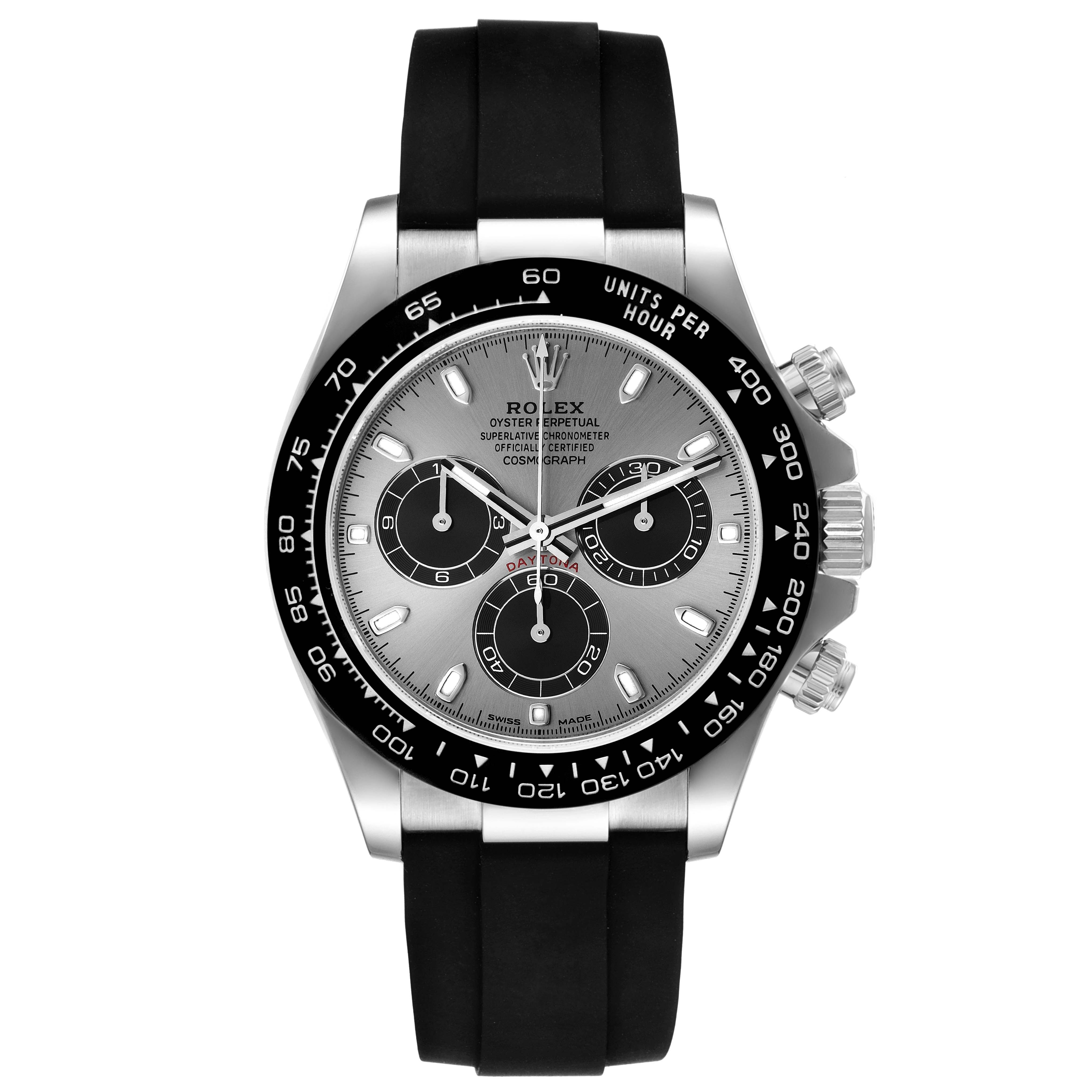 The Rolex Daytona 116519 Men's White Gold Grey Dial 116519 Men's White Gold Grey Dial watch is shown from a front angle, displaying its face, bezel, dial, chronograph sub-dials, and rubber strap.