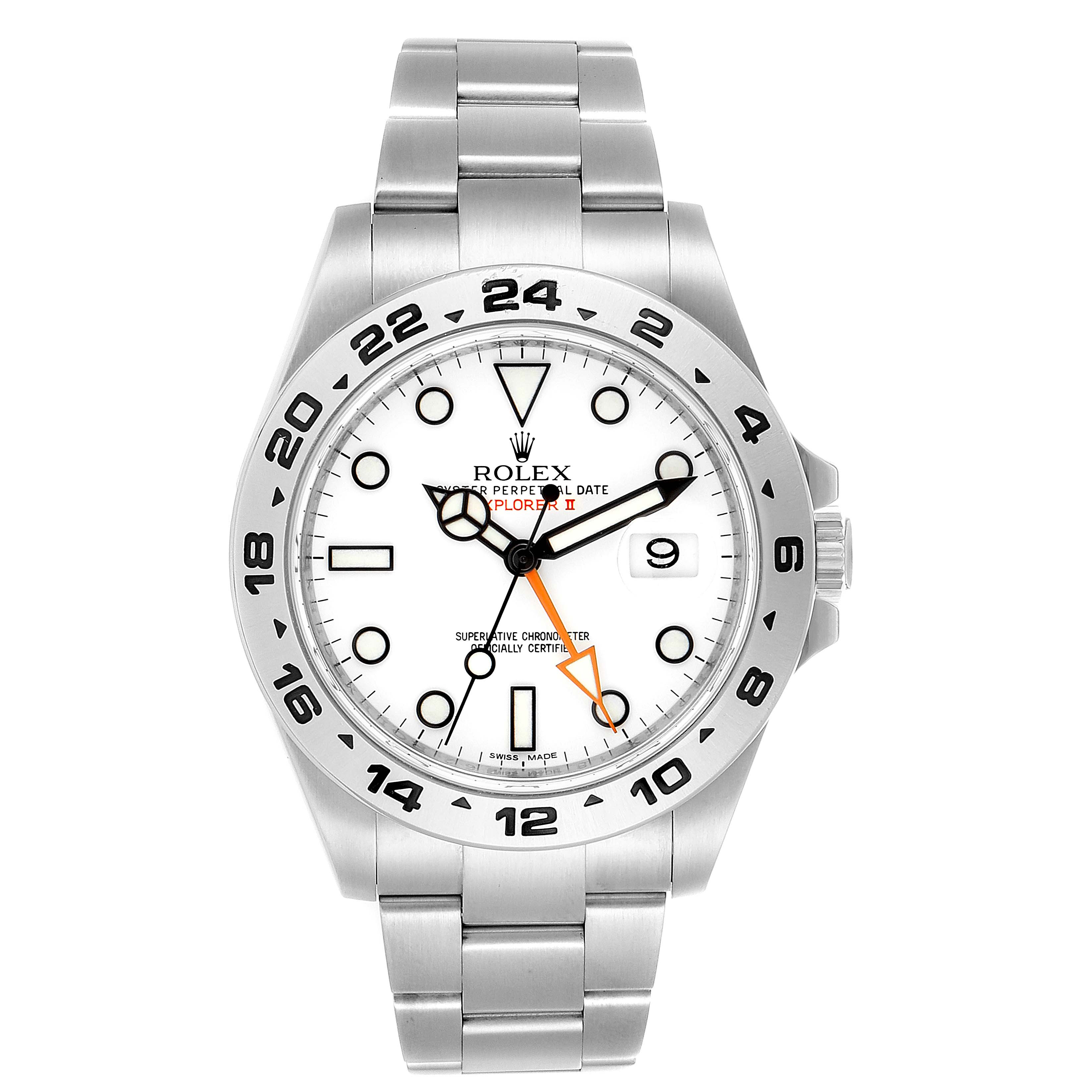 The image shows a front view of a Rolex Explorer 216570 Men
s Stainless Steel White Dial 216570 Men
s Stainless Steel White Dial watch with a white dial and a stainless steel bracelet.