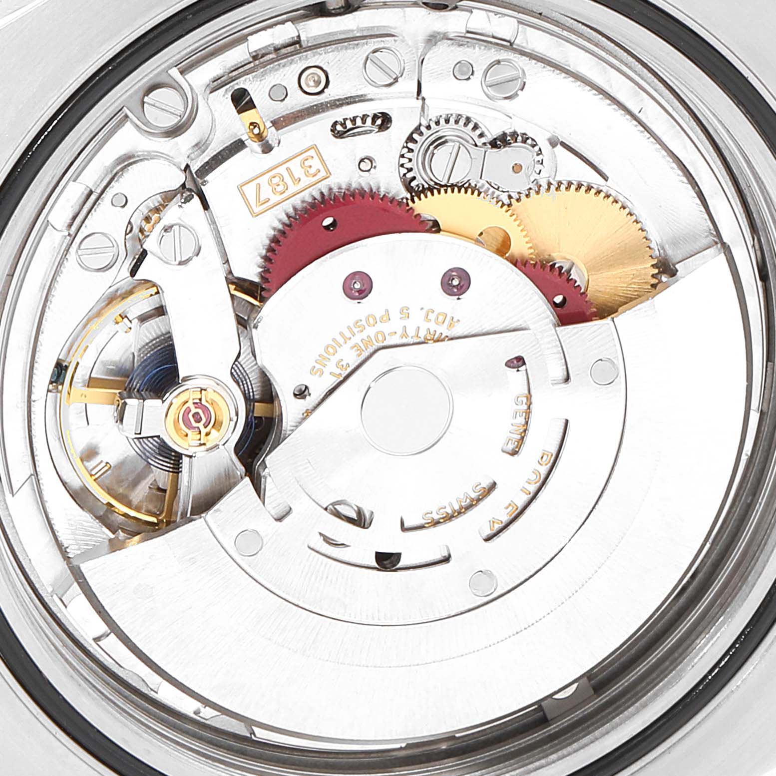 This image shows the internal mechanism of a Rolex Explorer 216570 Men
s Stainless Steel White Dial 216570 Men
s Stainless Steel White Dial watch, highlighting gears and other intricate parts from a top-down angle.