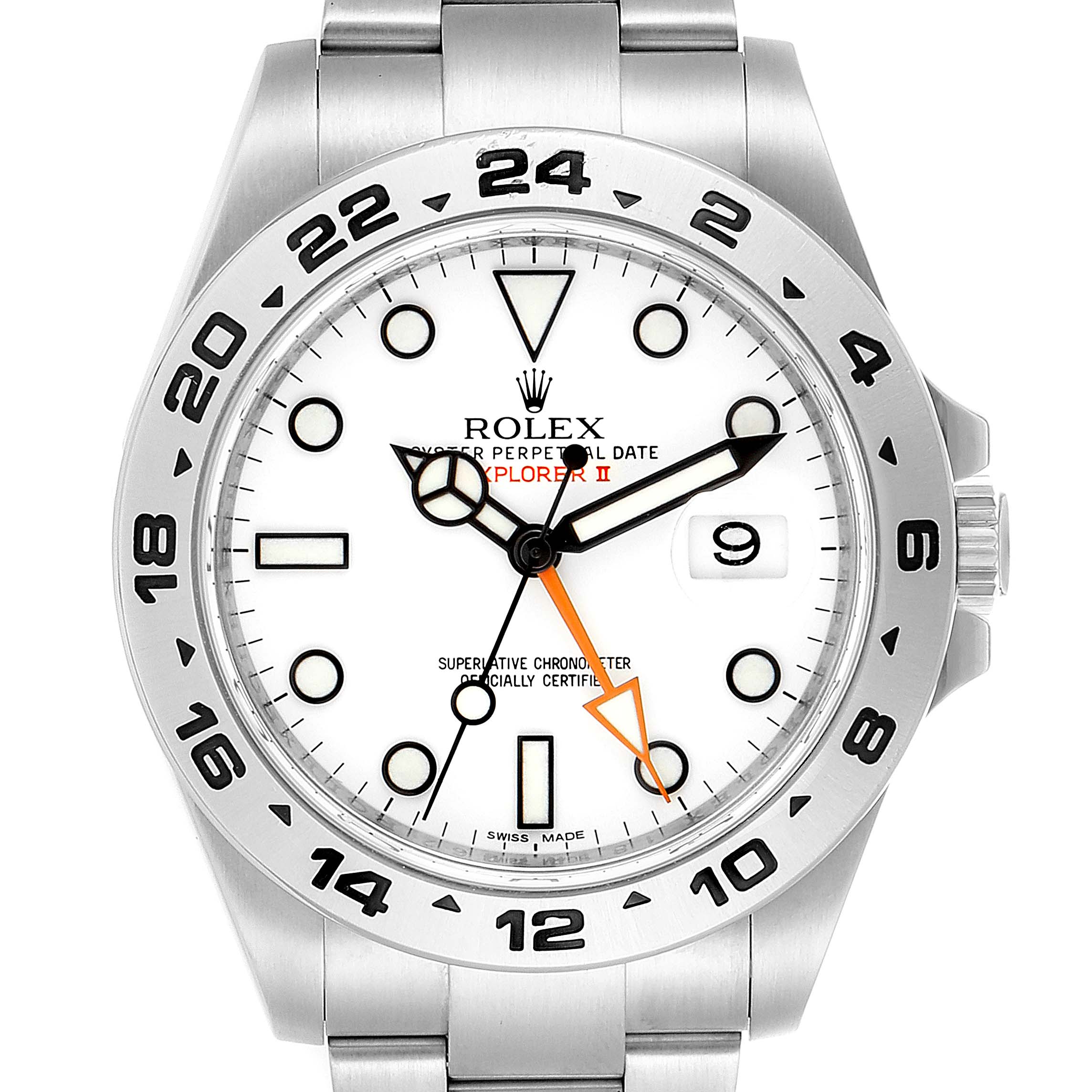 This image shows a front view of the Rolex Explorer 216570 Men
s Stainless Steel White Dial 216570 Men
s Stainless Steel White Dial watch, highlighting the dial, bezel, hands, and part of the bracelet.