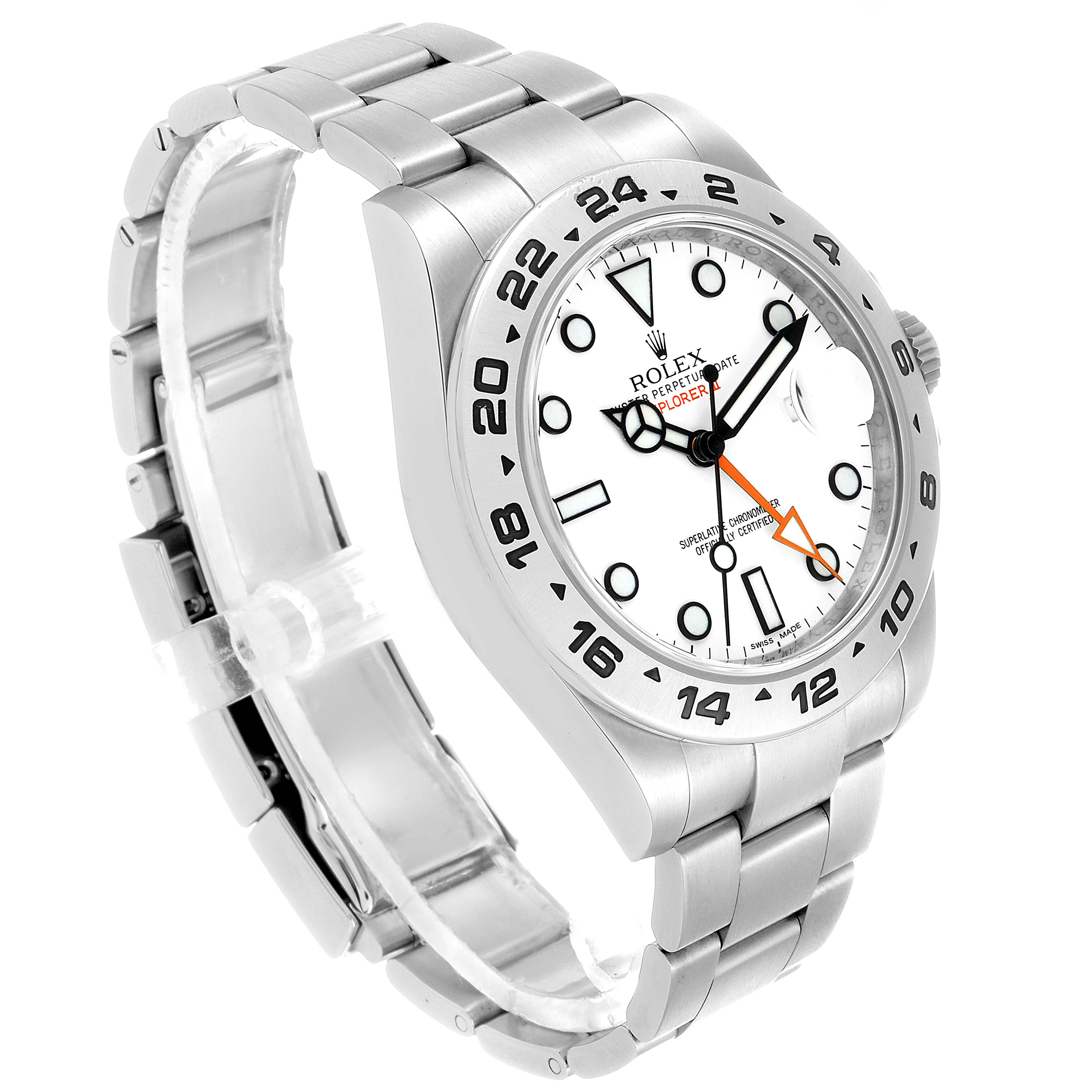The Rolex Explorer 216570 Men
s Stainless Steel White Dial 216570 Men
s Stainless Steel White Dial watch is shown at an angle highlighting the face, bezel, bracelet, and crown.