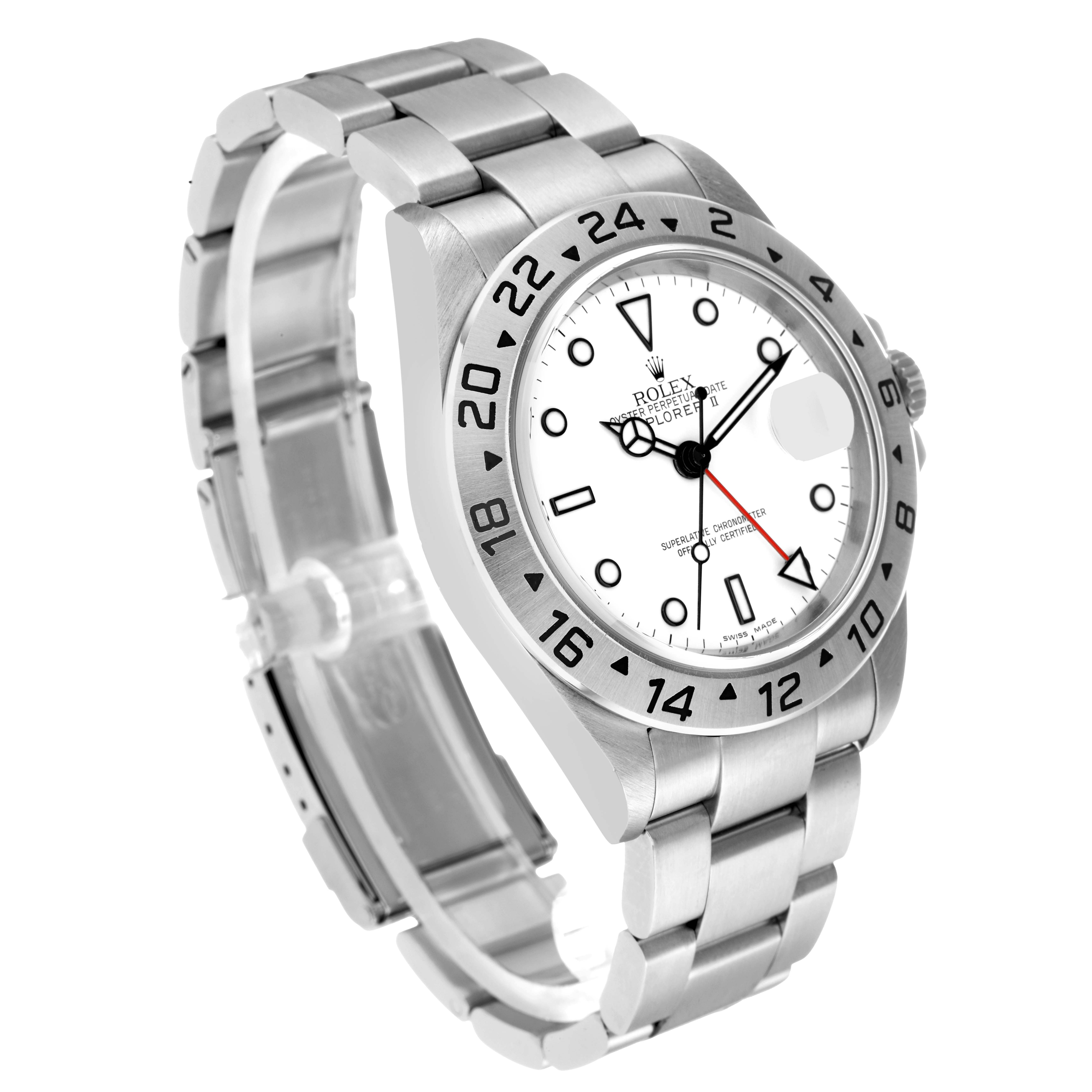 The Rolex Explorer 16570 Men's Stainless Steel White Dial watch is shown at a three-quarter angle, highlighting the dial, bezel, bracelet, and crown.