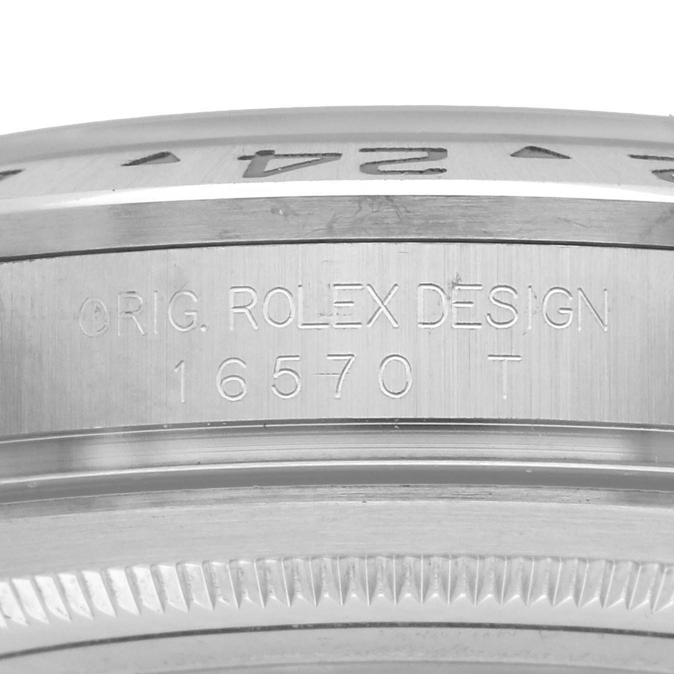 The image shows a close-up of the side engraving on a Rolex Explorer 16570 Men's Stainless Steel White Dial model, featuring the design number 16570.
