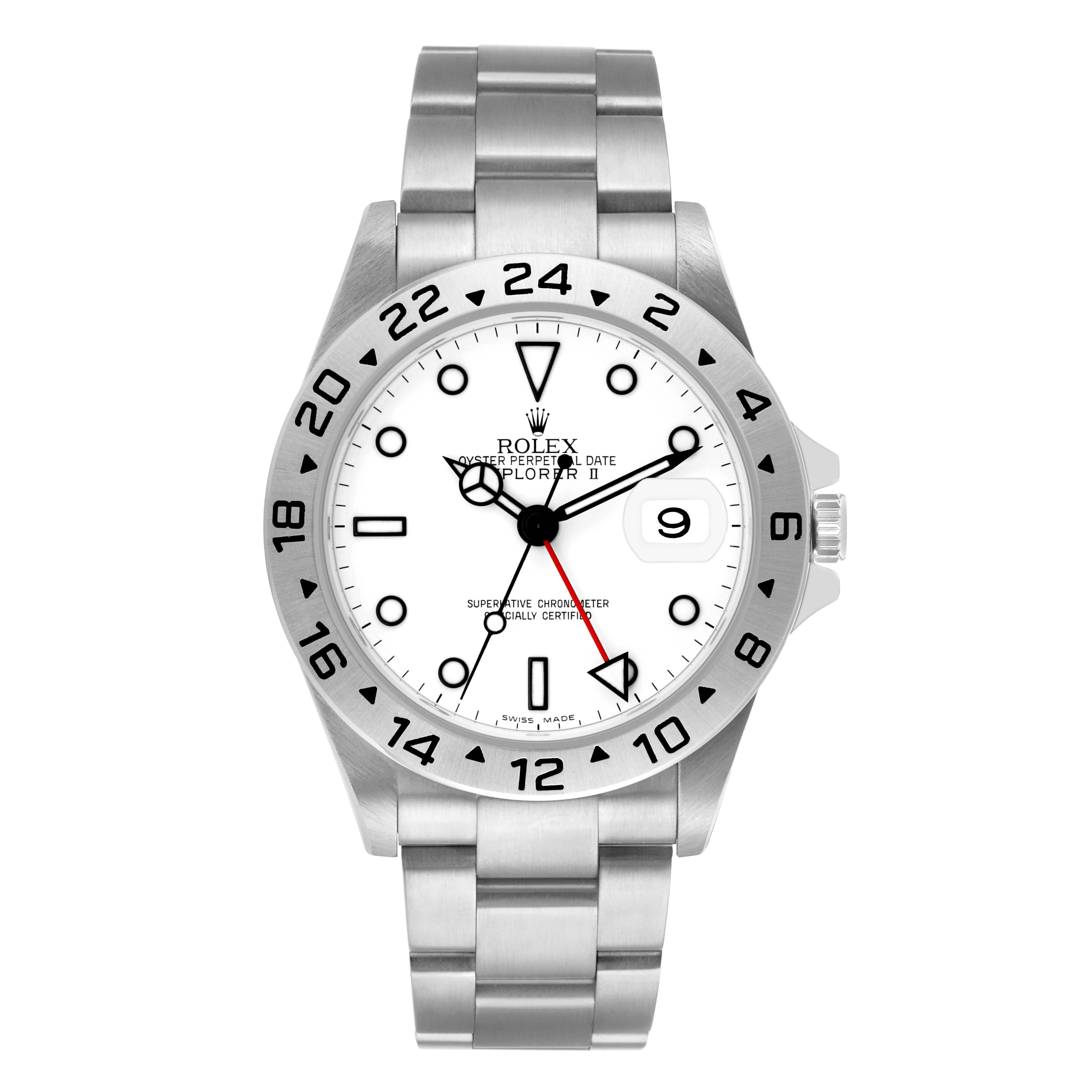 The Rolex Explorer 16570 Men's Stainless Steel White Dial II watch is shown from the front, highlighting the dial, bezel, hands, and bracelet.