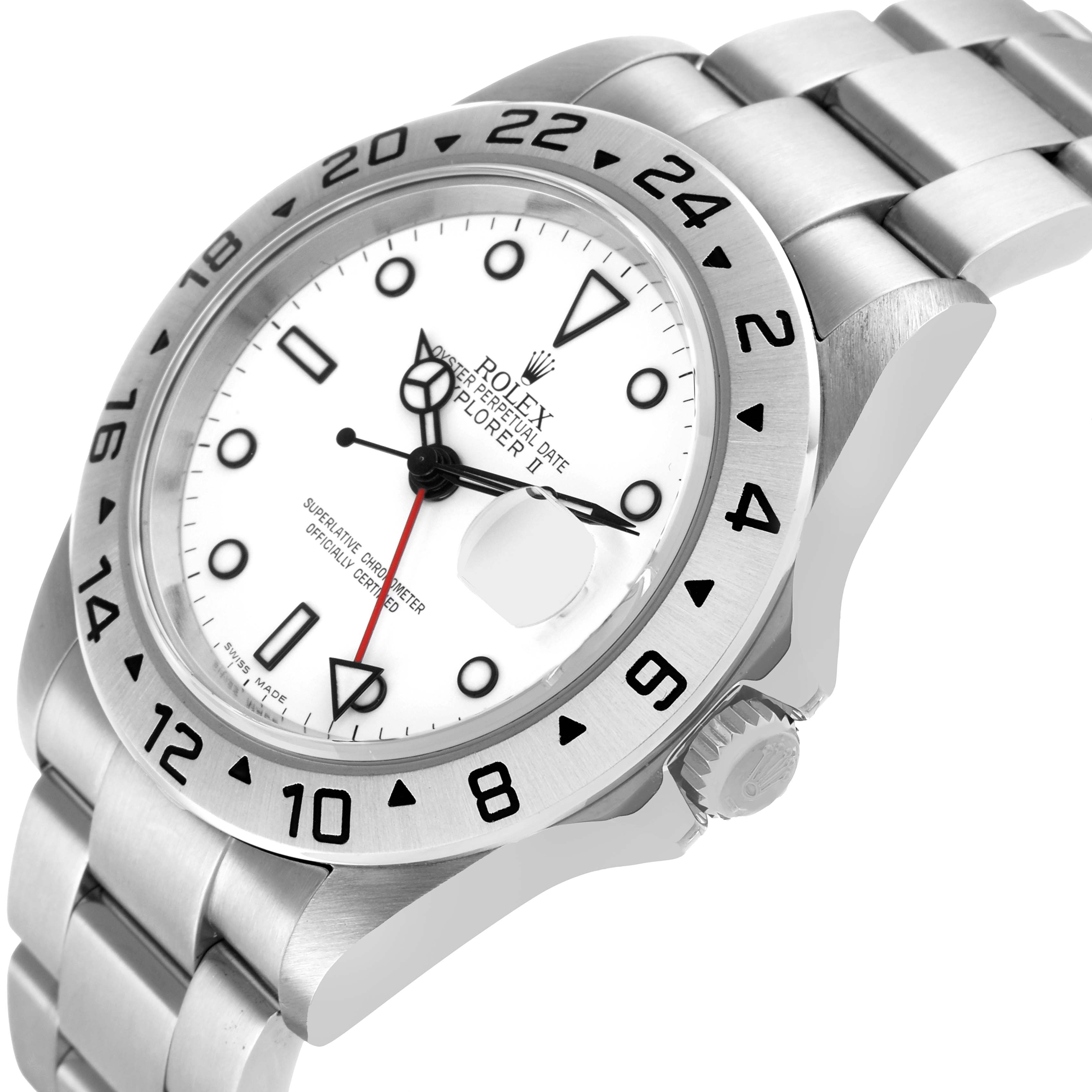 The Rolex Explorer 16570 Men's Stainless Steel White Dial model is shown from a three-quarter angle, displaying the dial, bezel, crown, and bracelet.