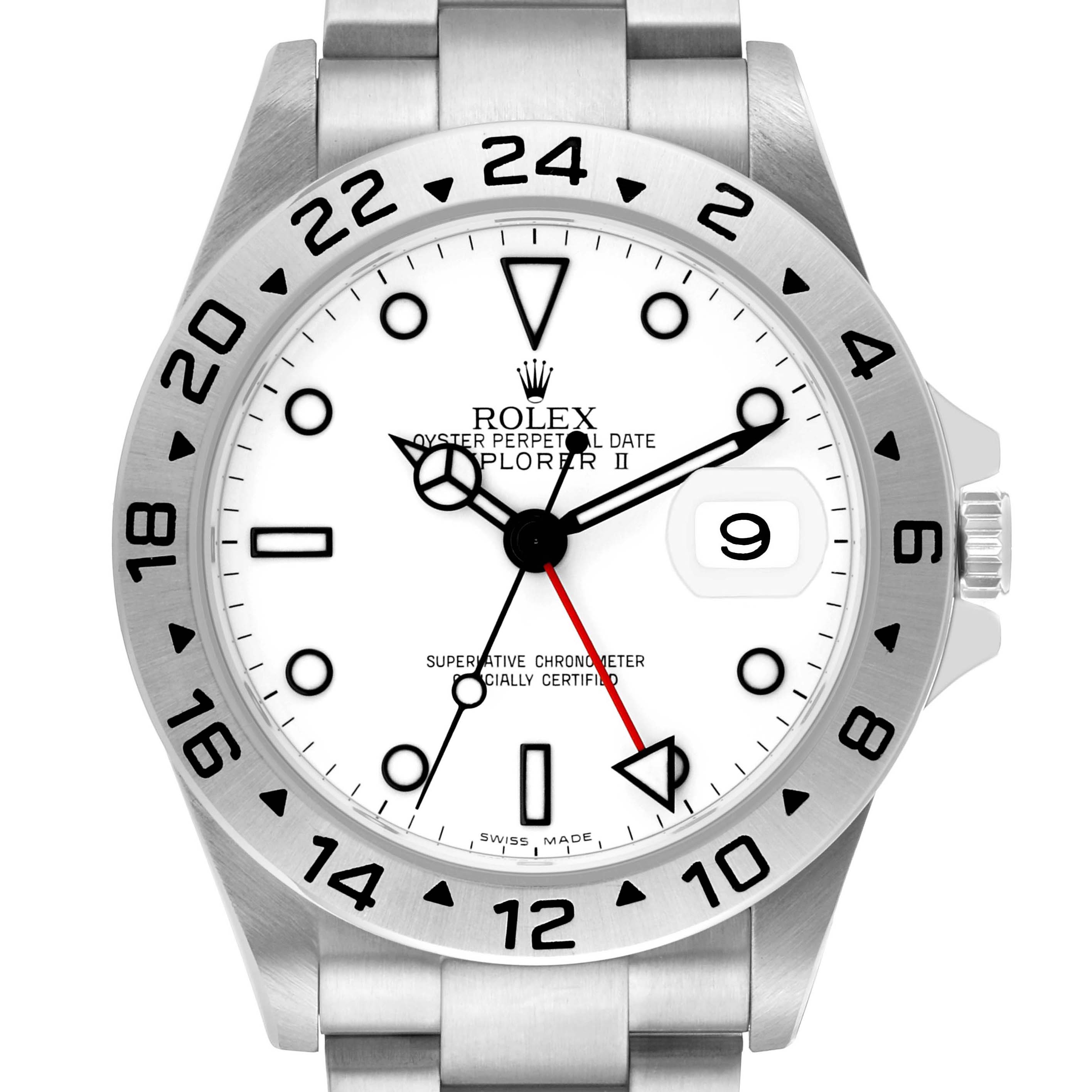 The Rolex Explorer 16570 Men's Stainless Steel White Dial II watch is shown from the front, highlighting its bezel, dial, hands, and crown.