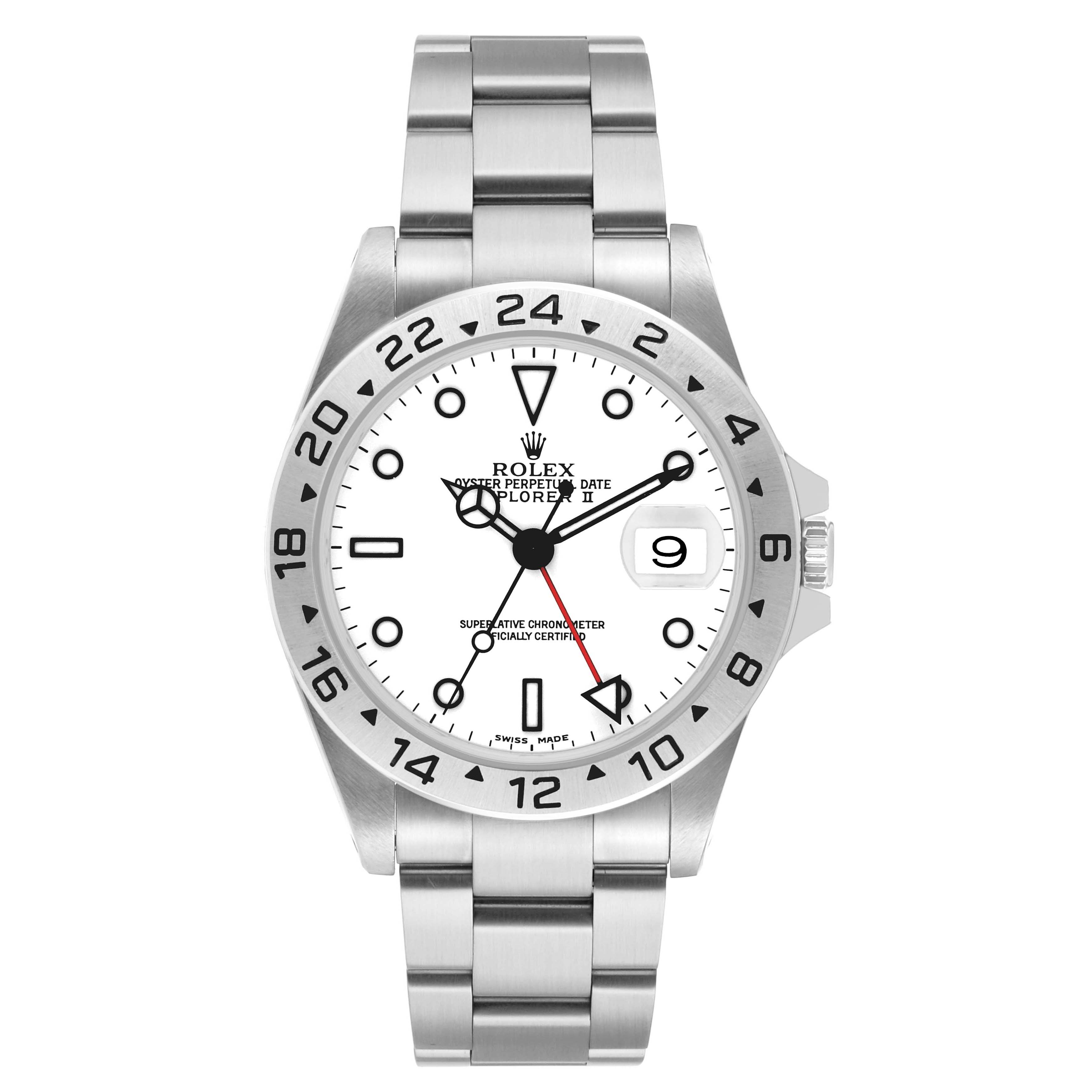 The Rolex Explorer 16570 Men's Stainless Steel White Dial watch is shown from the front, displaying its dial, bezel, date, and bracelet.