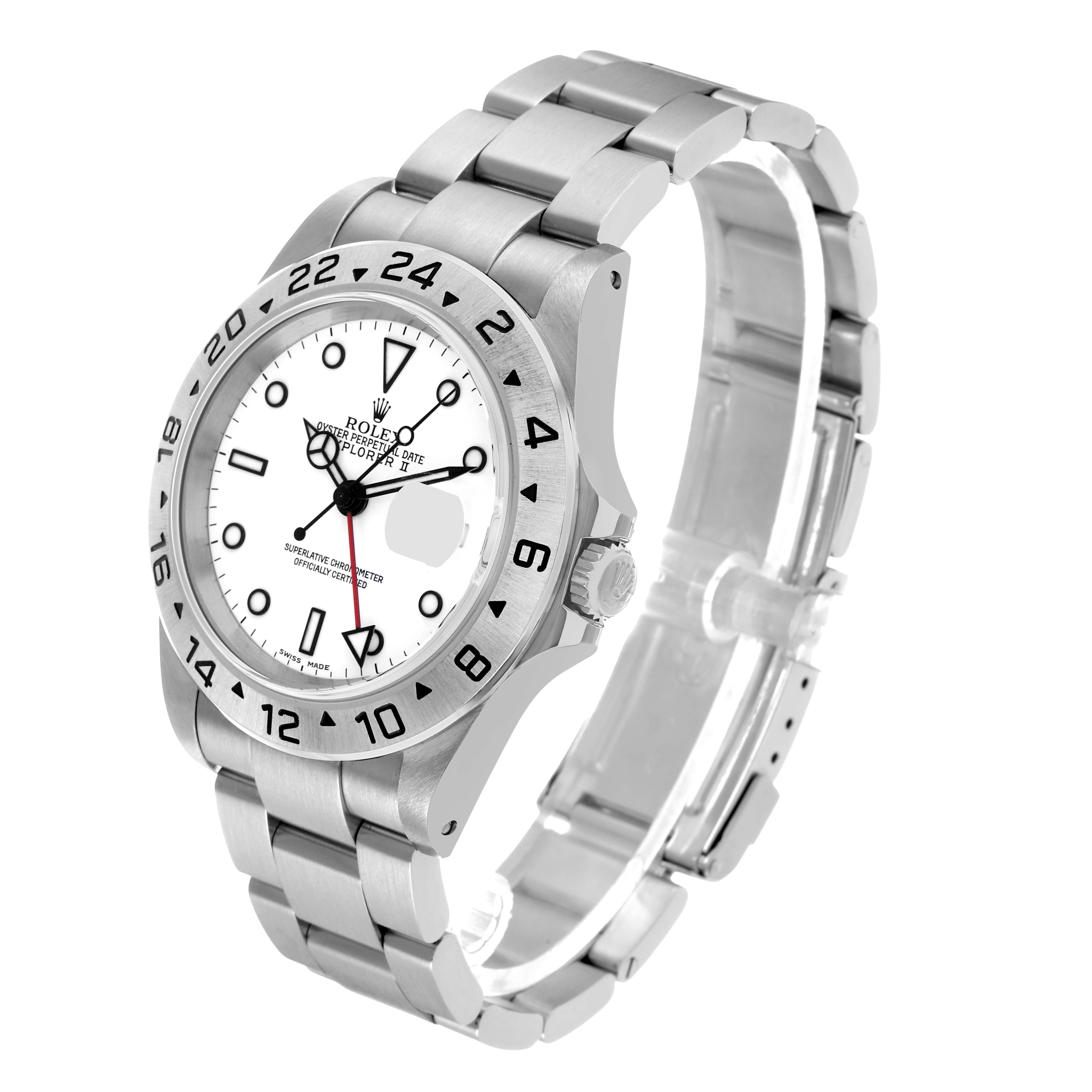 The Rolex Explorer 16570 Men's Stainless Steel White Dial model watch is shown at a three-quarter angle, displaying the face, bezel, crown, and bracelet.