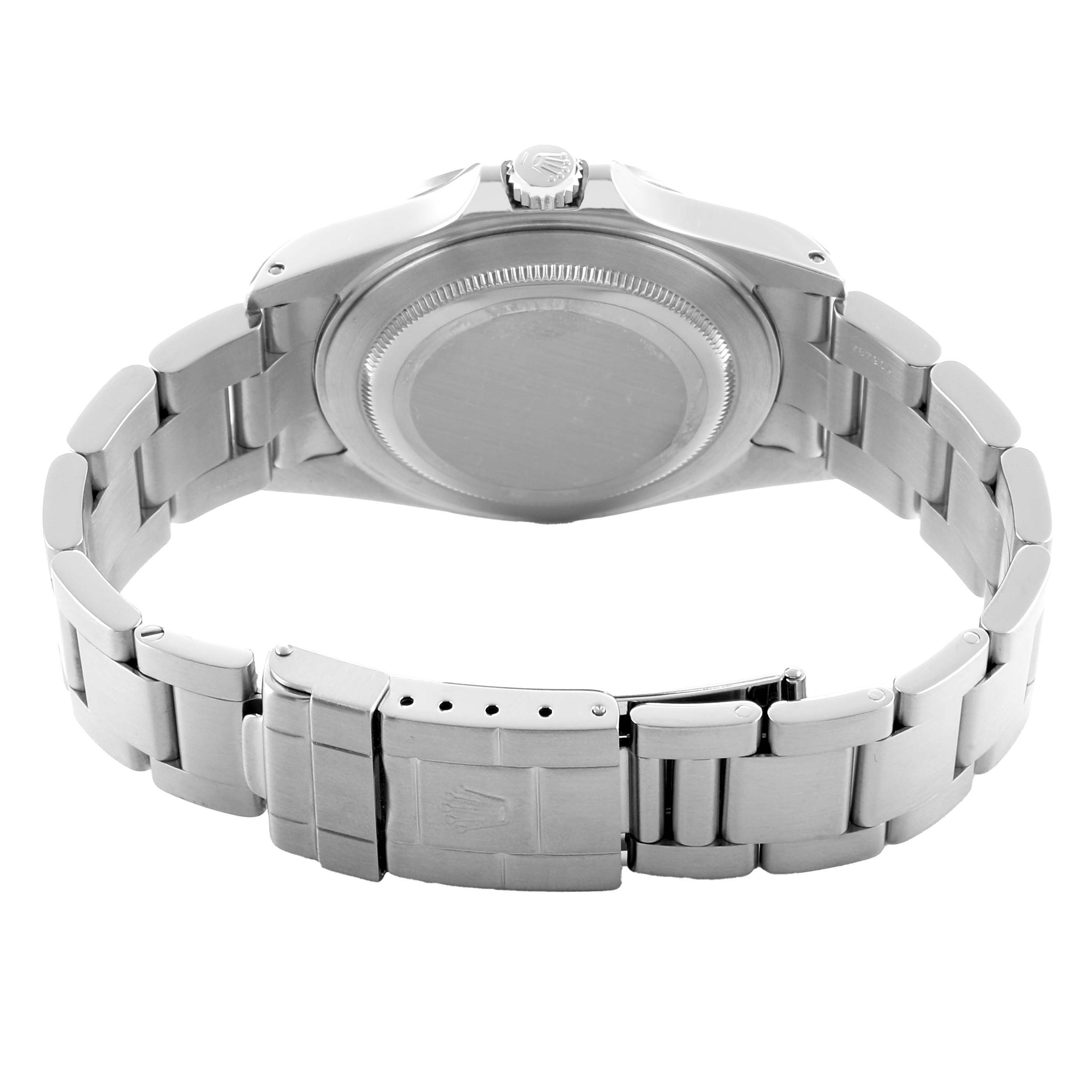 The image shows the back of a Rolex Explorer 16570 Men's Stainless Steel White Dial watch, focusing on the case back, bracelet, and clasp.