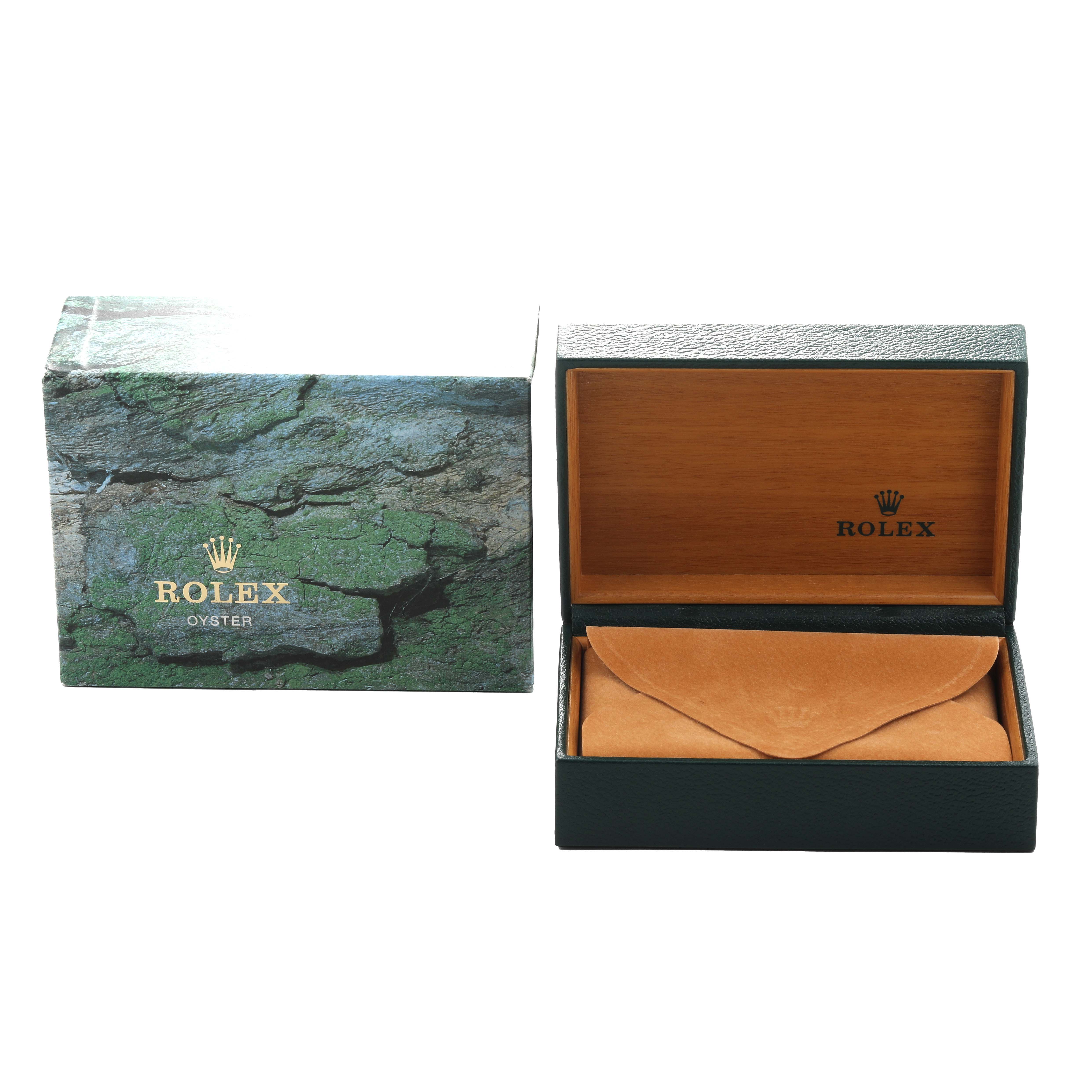 The image shows the outer and inner boxes for the Rolex Explorer 16570 Men's Stainless Steel White Dial, with the lid open revealing a suede pouch.