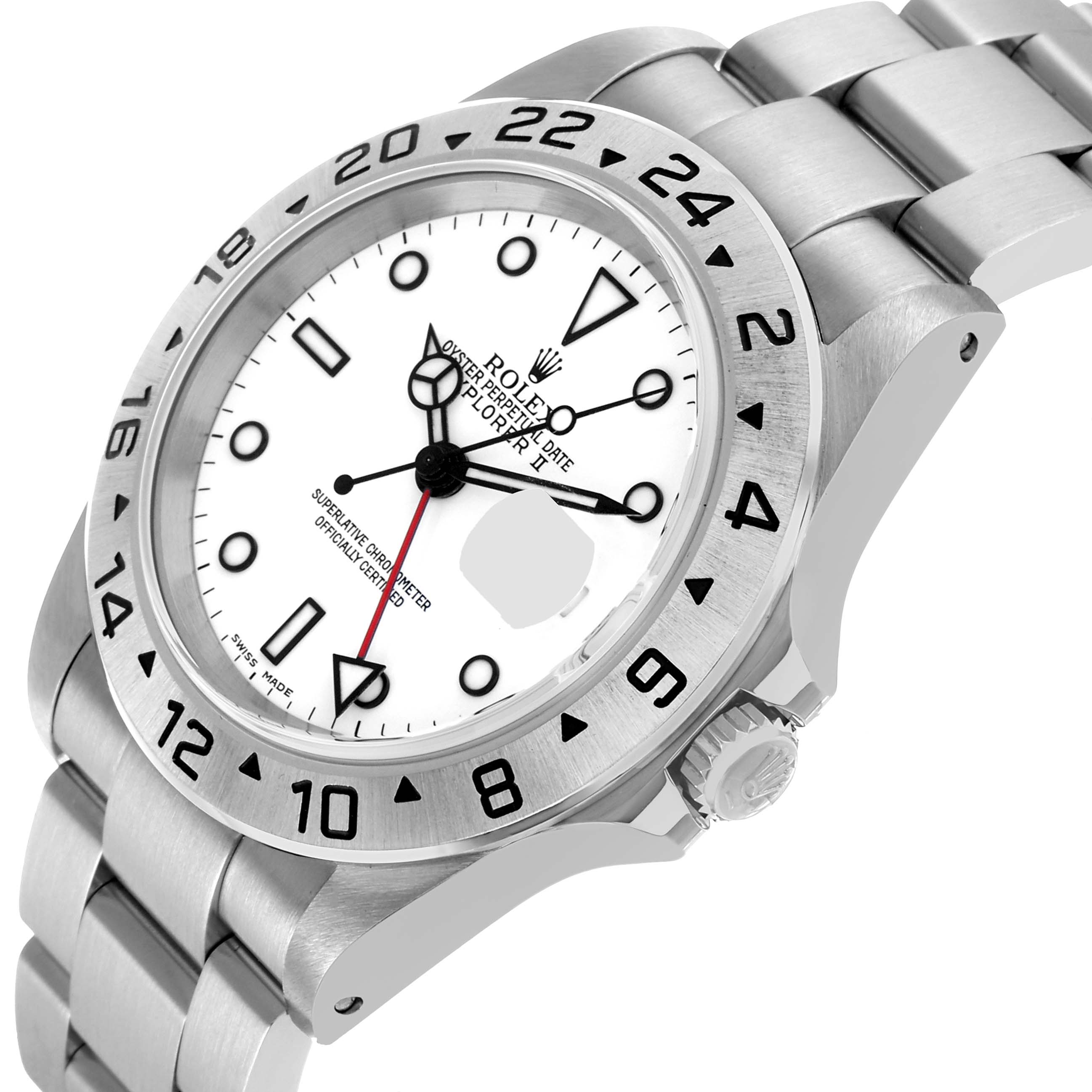 The Rolex Explorer 16570 Men's Stainless Steel White Dial watch is shown at a three-quarter angle, highlighting the bezel, dial, crown, and bracelet links.