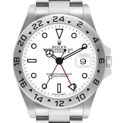 The image shows the Rolex Explorer 16570 Men's Stainless Steel White Dial II watch face directly, highlighting the dial, bezel, hands, and date window.